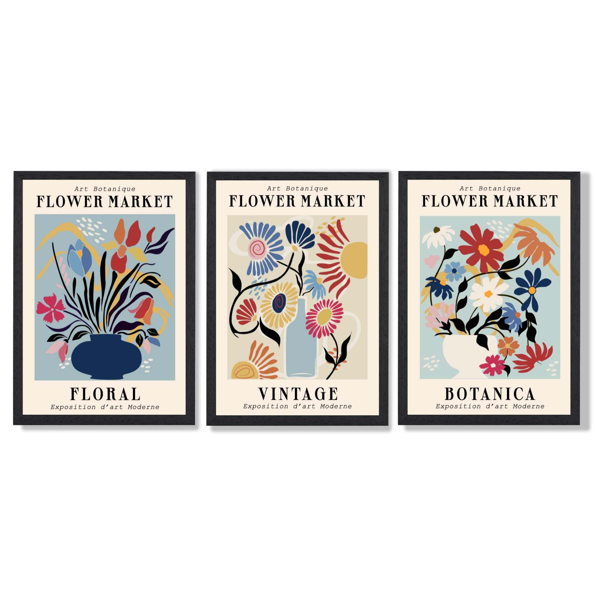 Set of 3 Blue Flower Market Vintage Botanical Framed Art Prints with Black Wooden Frames