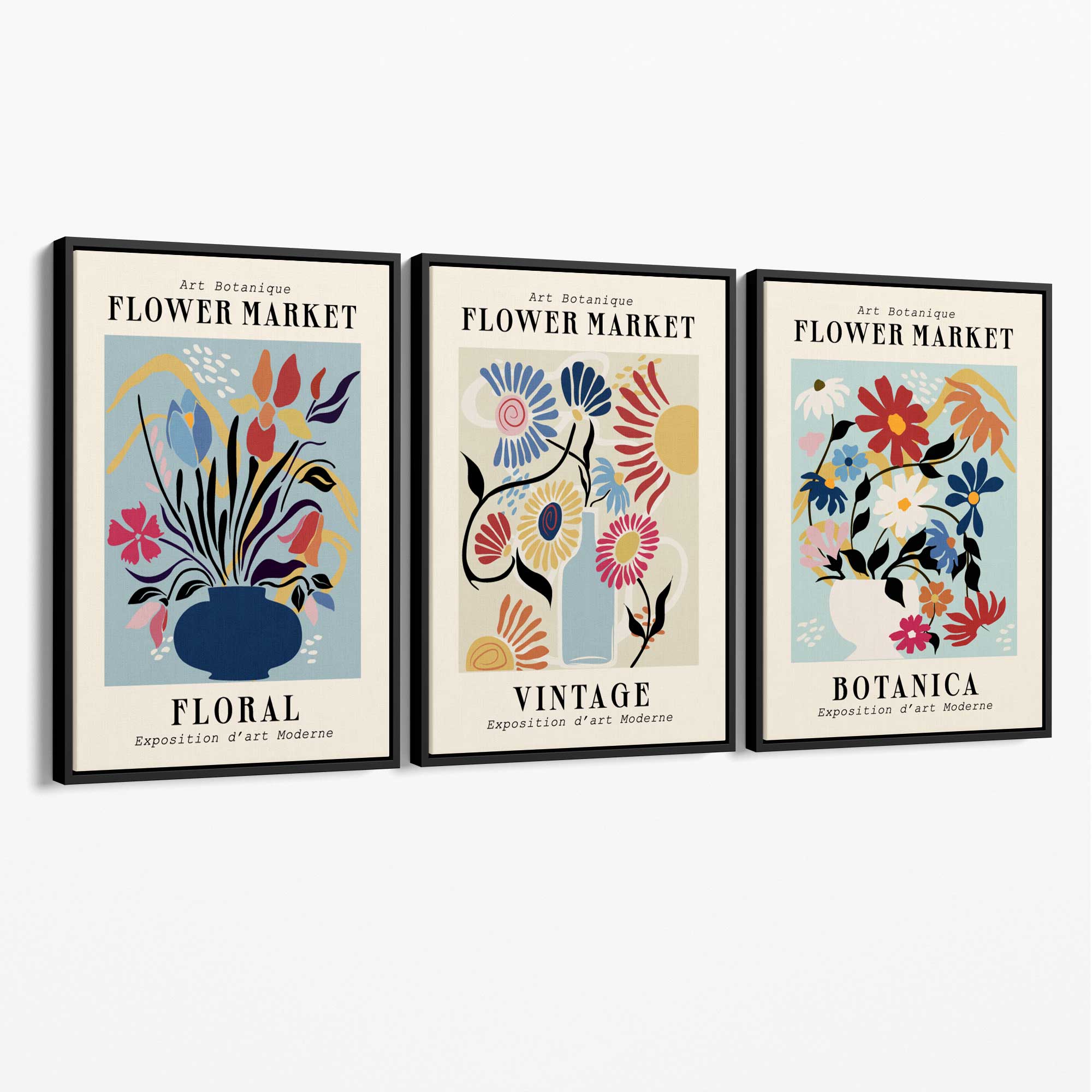 Set of 3 Blue Flower Market Vintage Botanical Canvas Art Prints with Black Float Frame