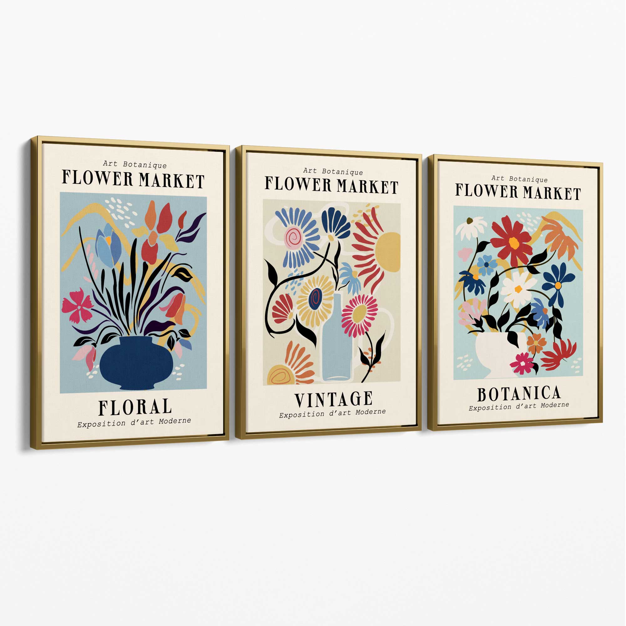 Set of 3 Blue Flower Market Vintage Botanical Canvas Art Prints with Gold Float Frame