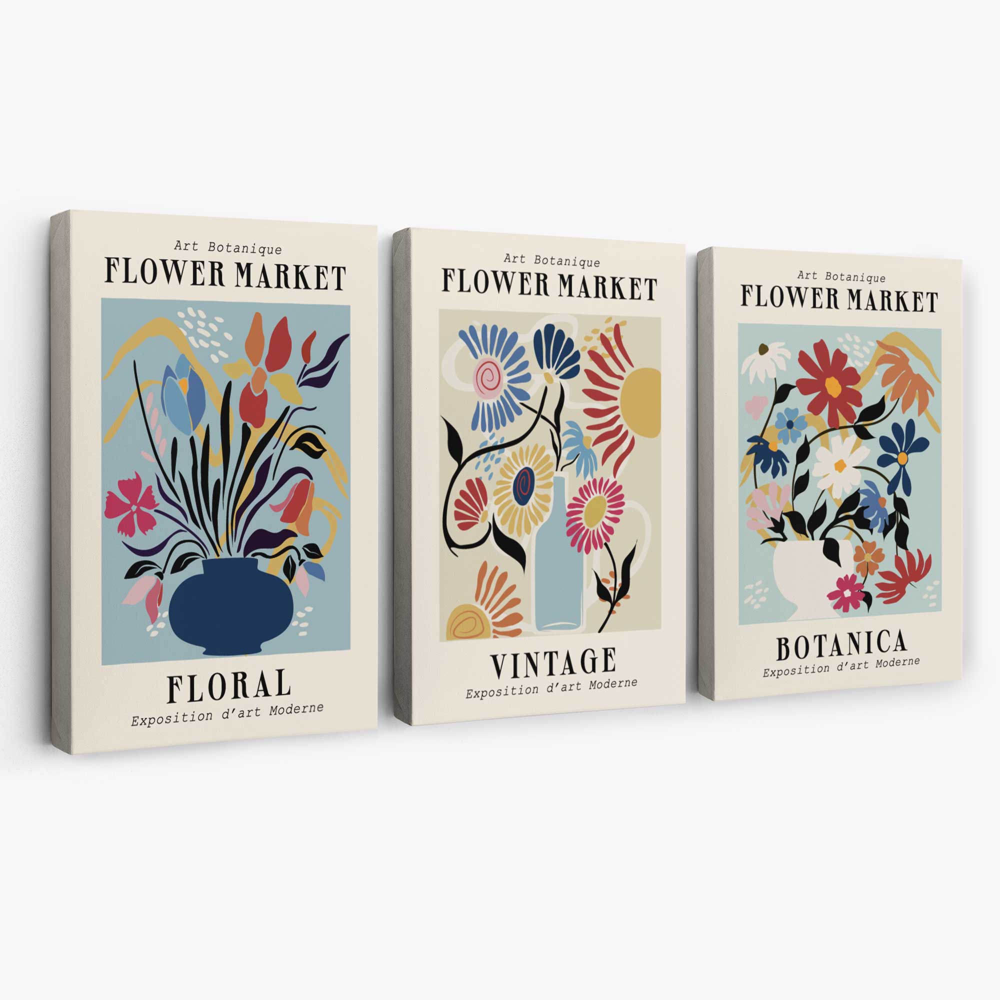 Set of 3 Blue Flower Market Vintage Botanical Canvas Art Prints | Artze Wall Art