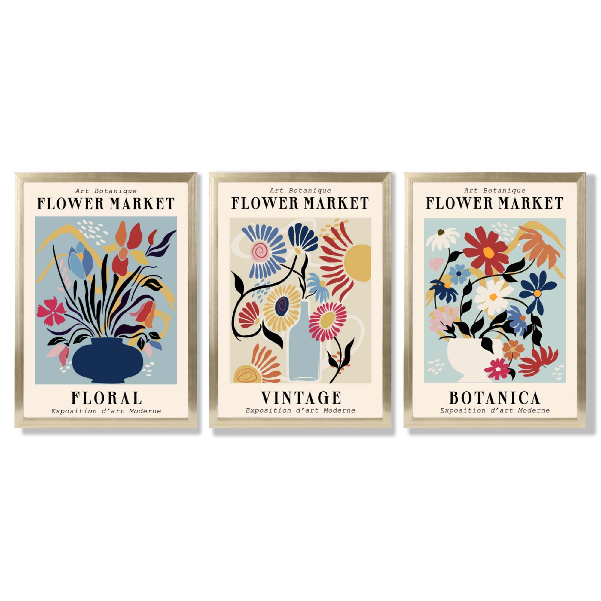Set of 3 Blue Flower Market Vintage Botanical Framed Art Prints with Gold Wood Frames
