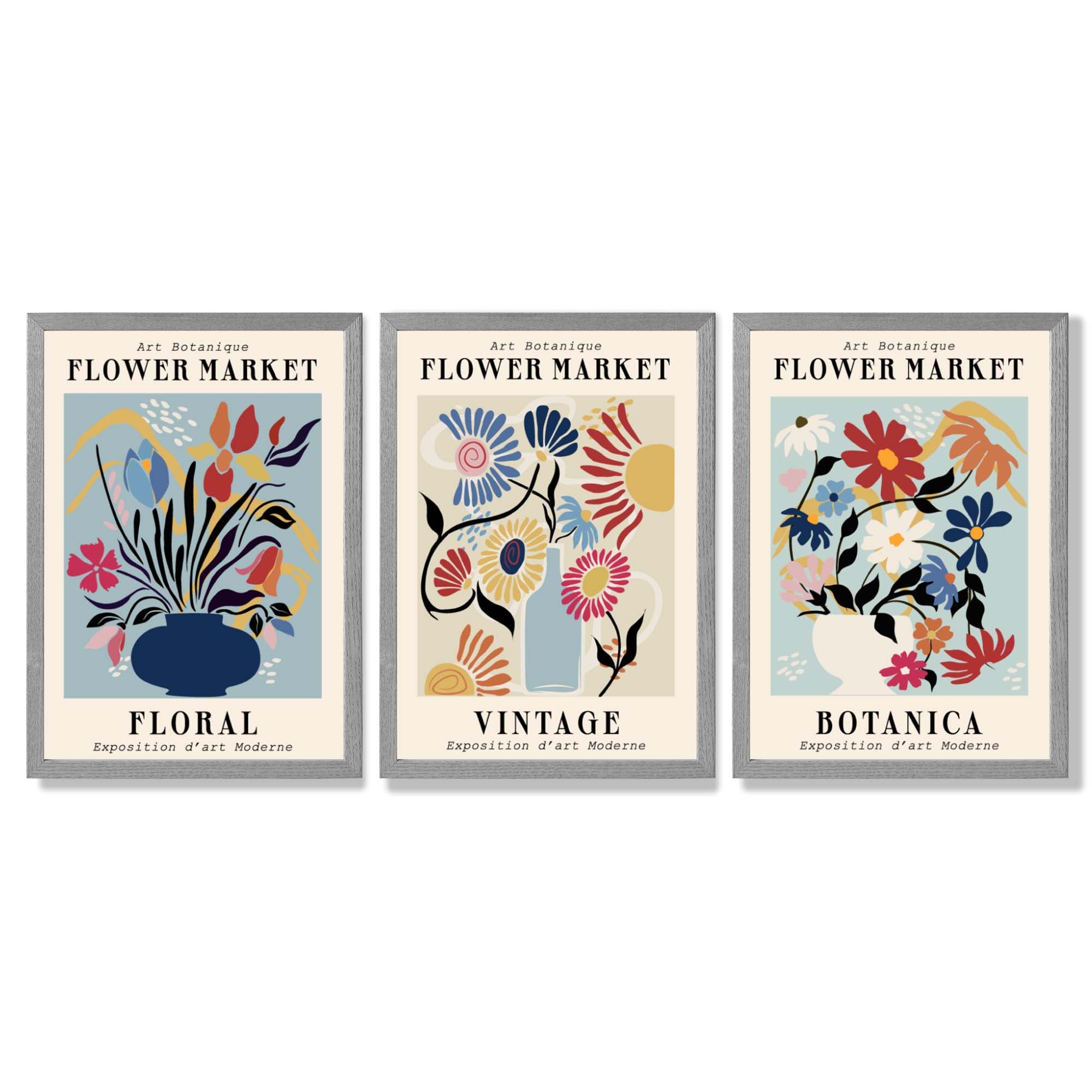 Set of 3 Blue Flower Market Vintage Botanical Framed Art Prints with Light Grey Wooden Frames