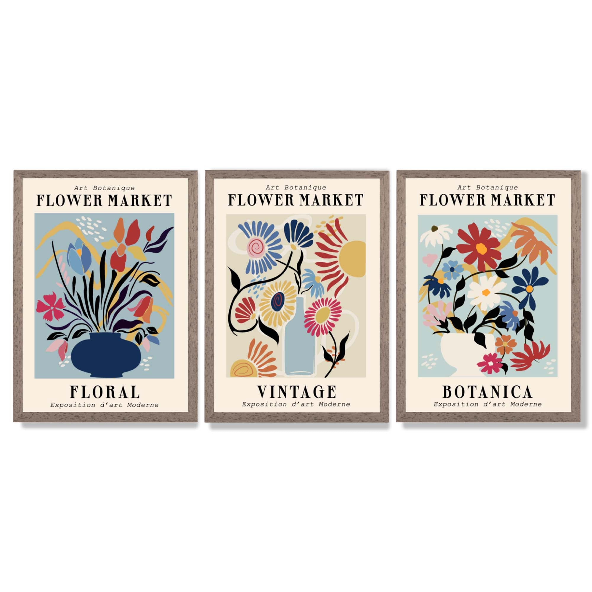 Set of 3 Blue Flower Market Vintage Botanical Framed Art Prints with Light Walnut Frames