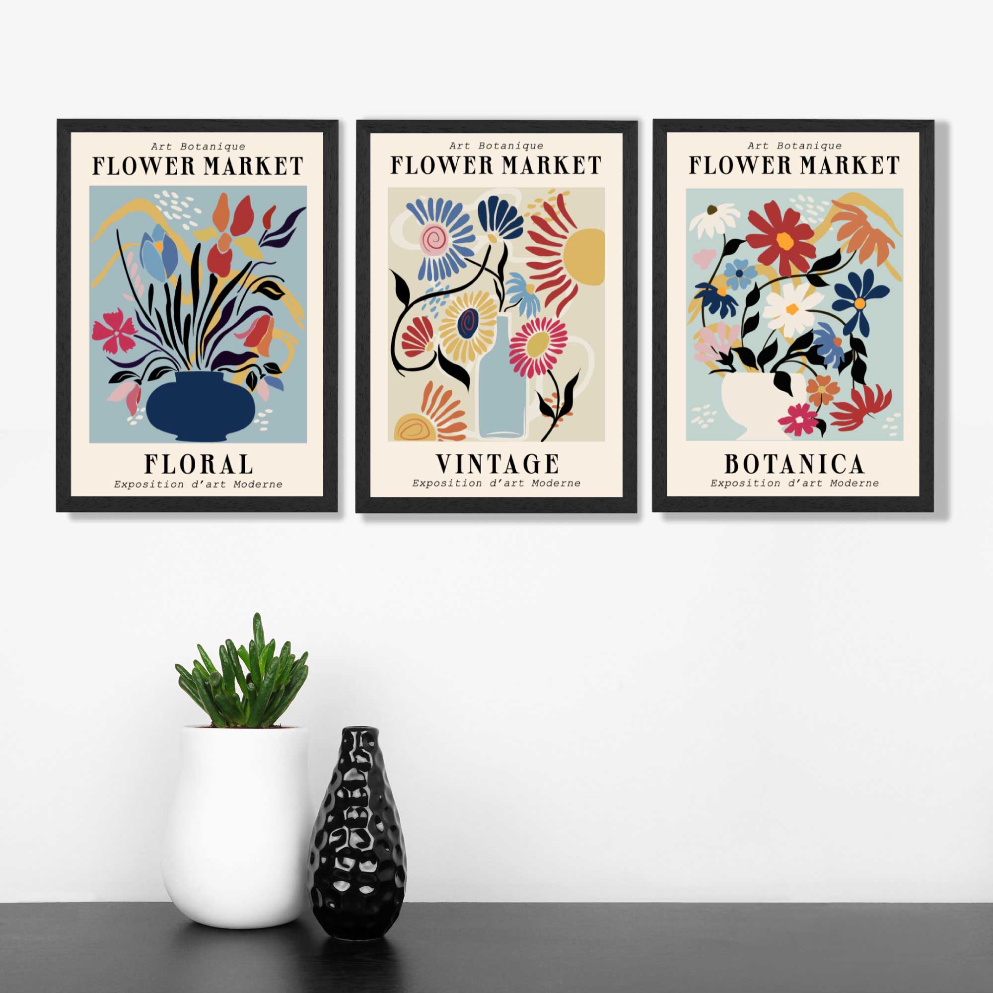 Set of 3 Blue Flower Market Vintage Botanical Art Prints in Black Frames | Artze UK