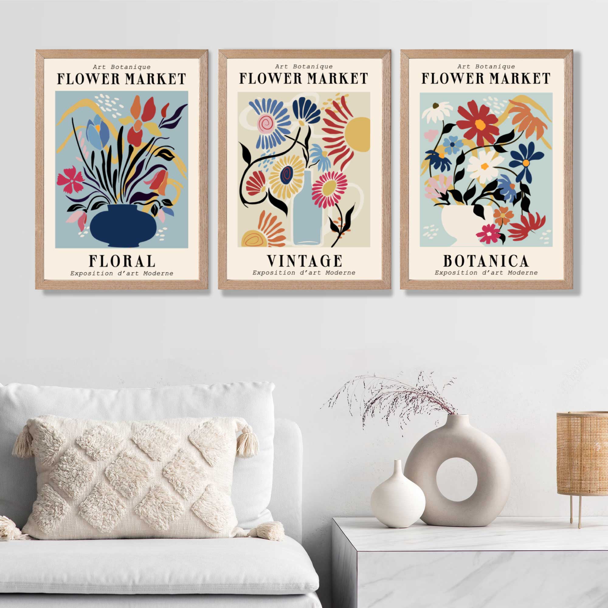 Set of 3 Blue Flower Market Vintage Botanical Art Prints in Oak Frames | Artze UK