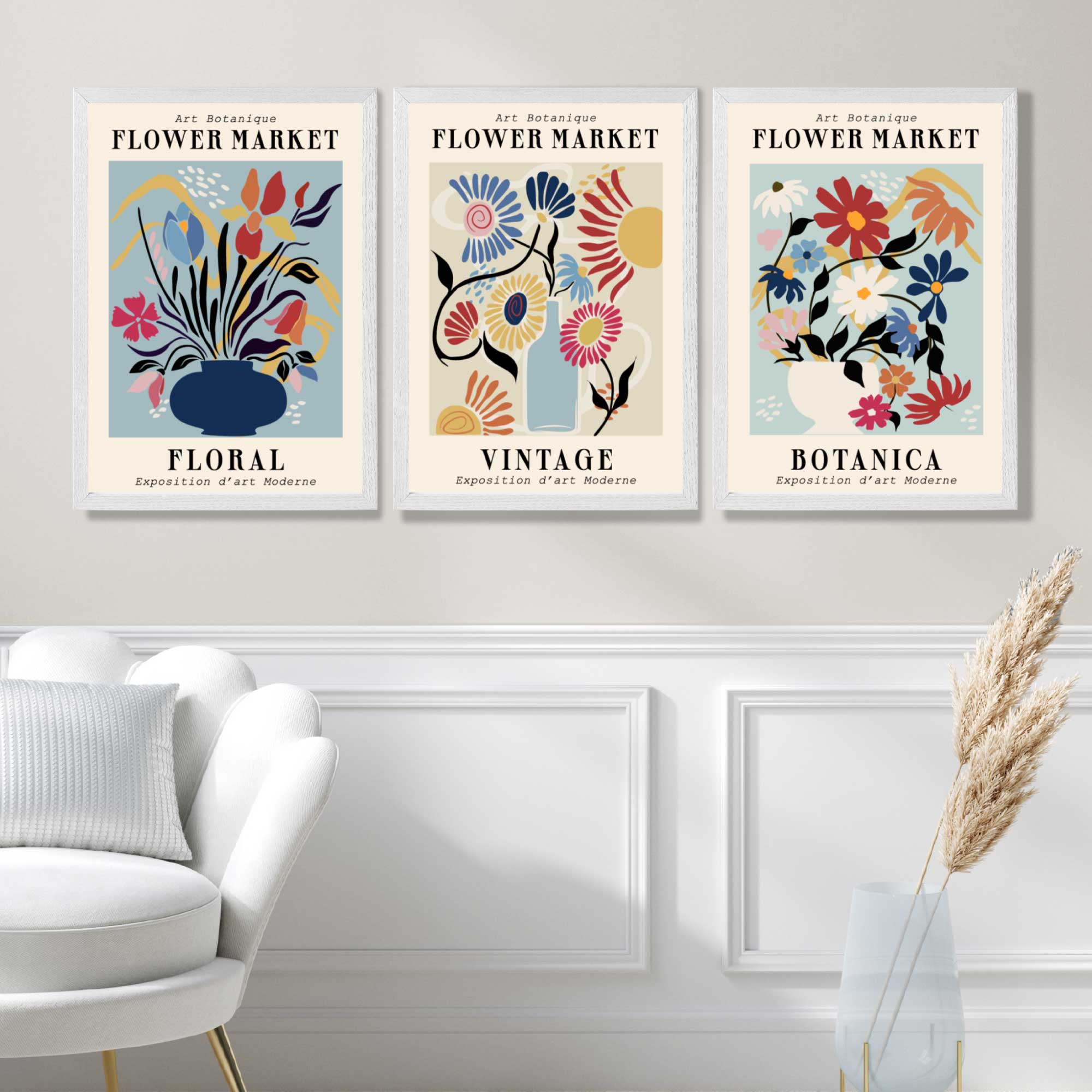 Set of 3 Blue Flower Market Vintage Botanical Art Prints in White Frames | Artze UK