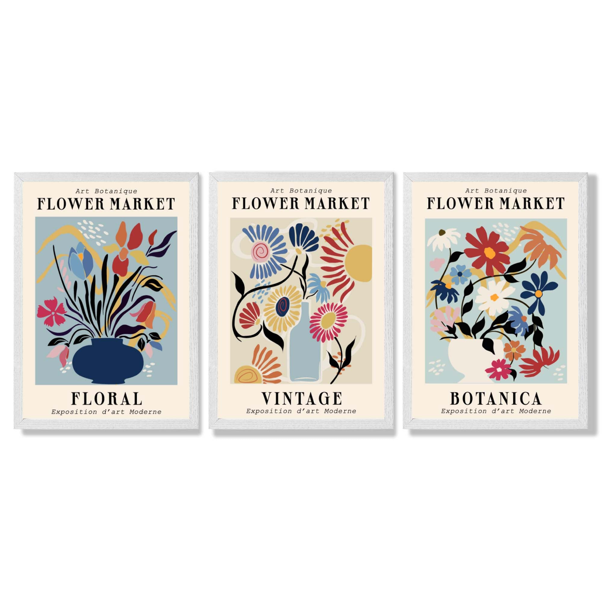 Set of 3 Blue Flower Market Vintage Botanical Framed Art Prints with White Wooden Frames
