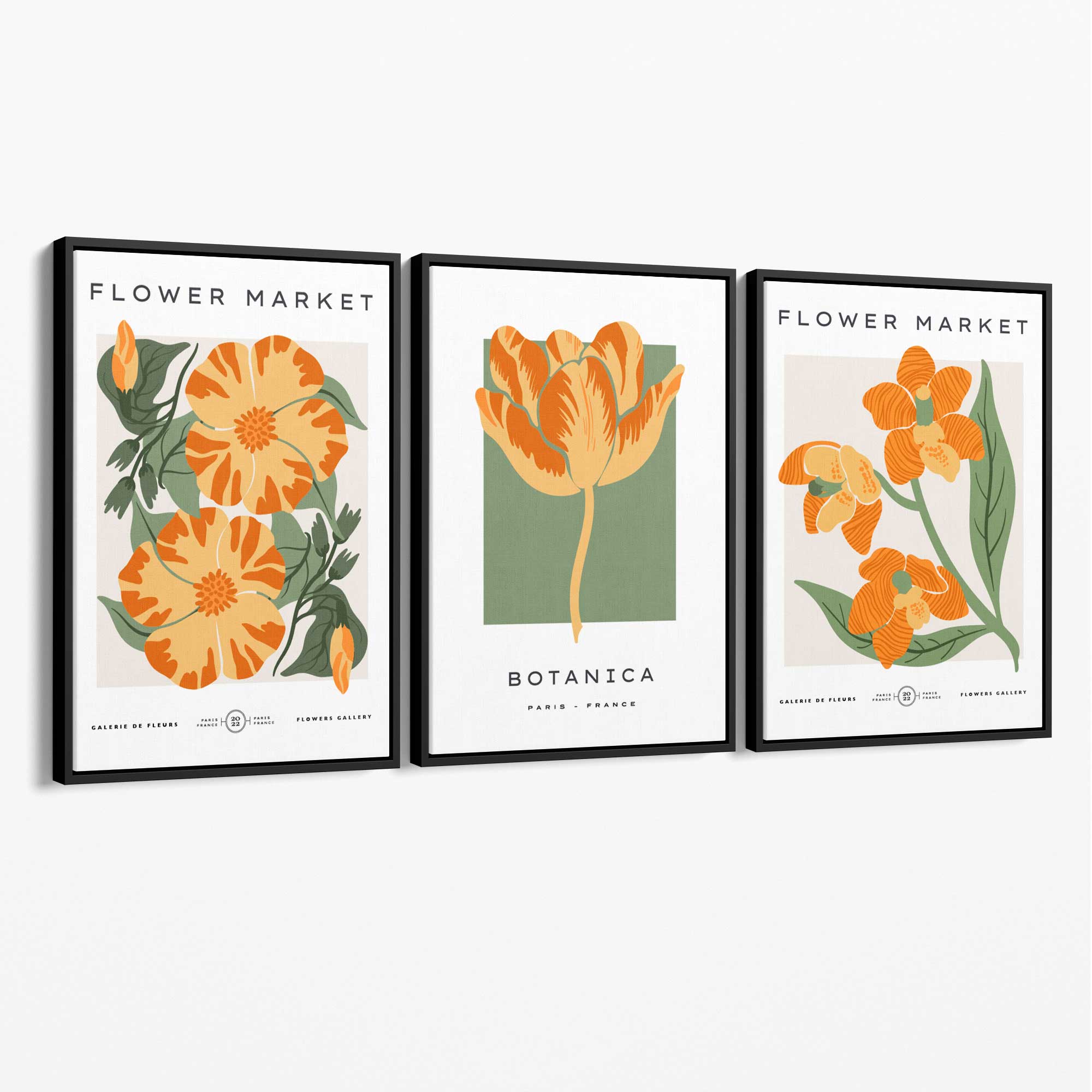 Set of 3 Green and Yellow Flower Market Tulip Canvas Art Prints with Black Float Frame
