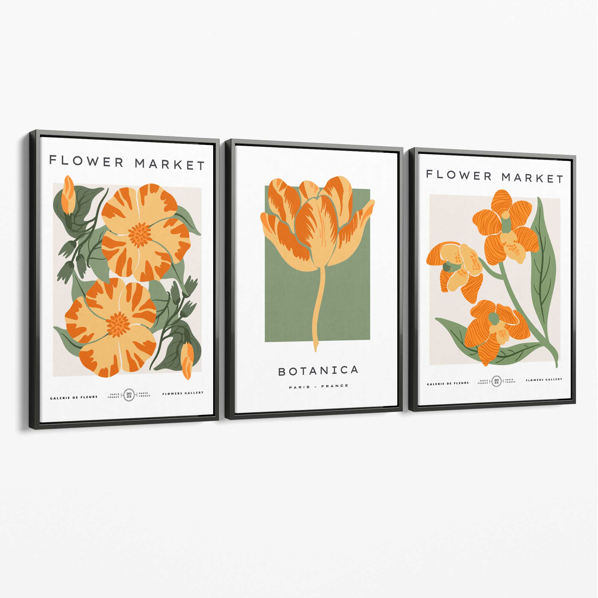 Set of 3 Green and Yellow Flower Market Tulip Canvas Art Prints with Grey Float Frame