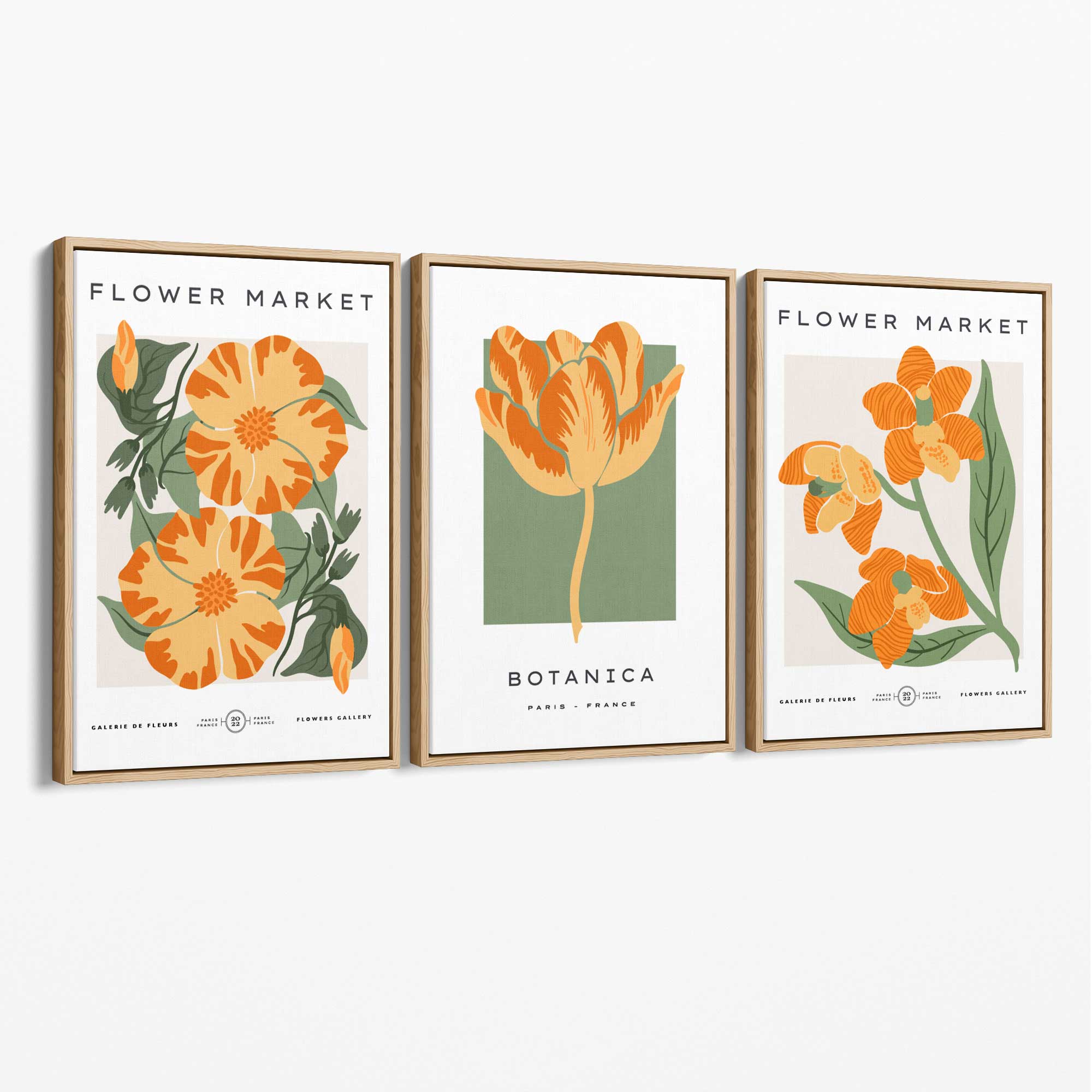 Set of 3 Green and Yellow Flower Market Tulip Canvas Art Prints with Oak Float Frame