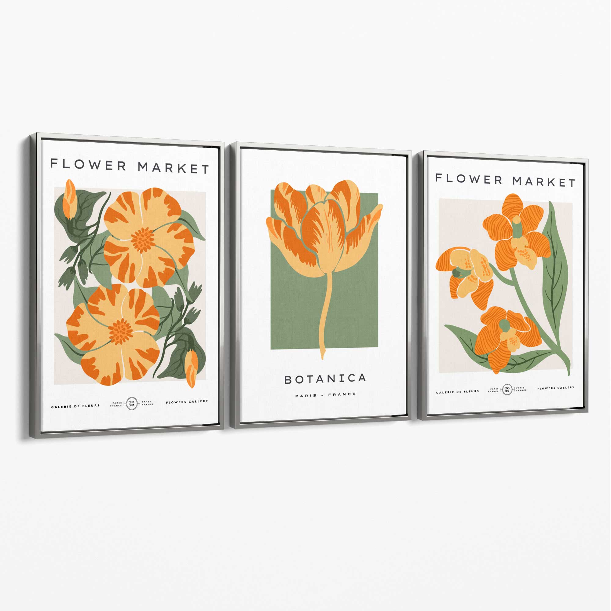 Set of 3 Green and Yellow Flower Market Tulip Canvas Art Prints with Silver Float Frame
