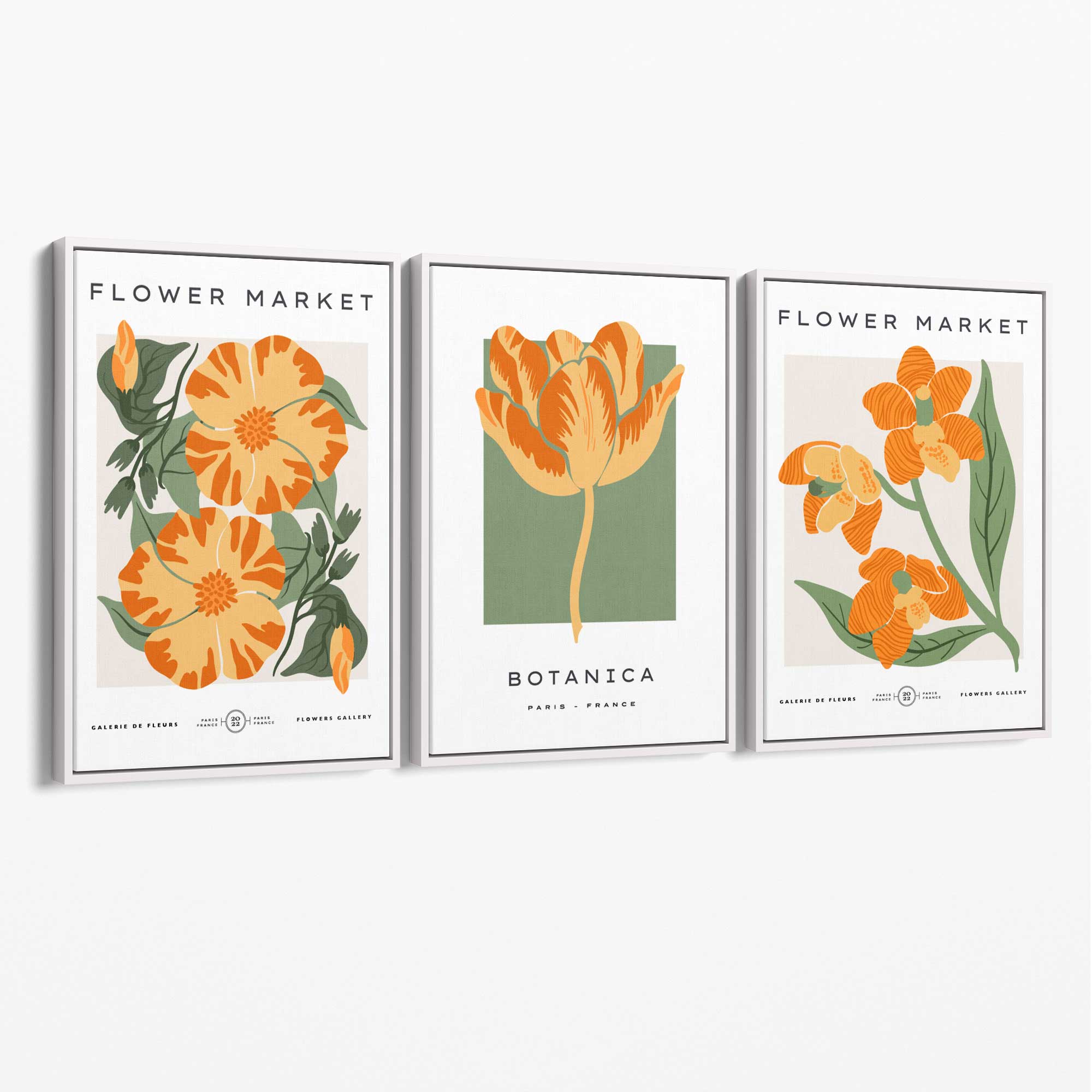 Set of 3 Green and Yellow Flower Market Tulip Canvas Art Prints with White Float Frame