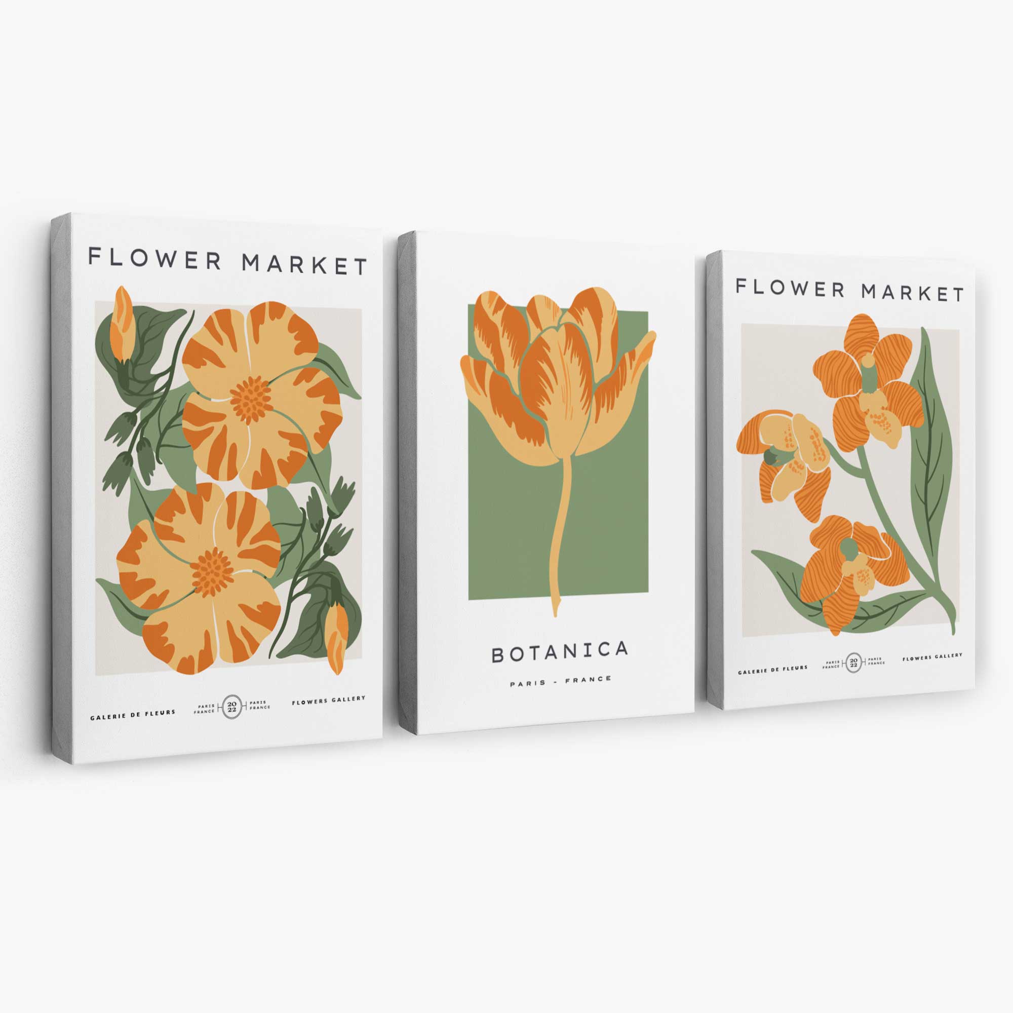 Set of 3 Green and Yellow Flower Market Tulip Canvas Art Prints | Artze Wall Art