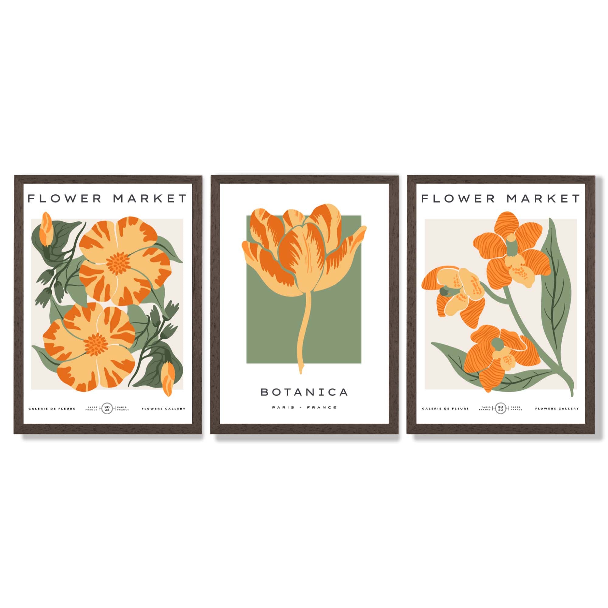 Set of 3 Green and Yellow Flower Market Tulip Framed Art Prints with Dark Wood Frames