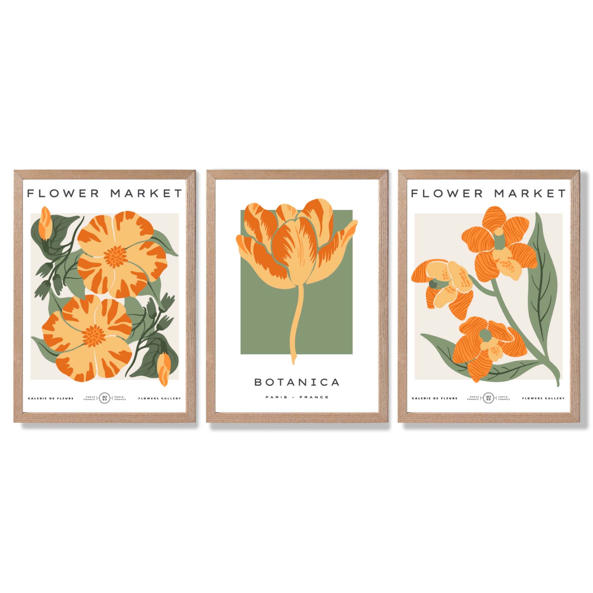Set of 3 Green and Yellow Flower Market Tulip Framed Art Prints with Light Oak Frames
