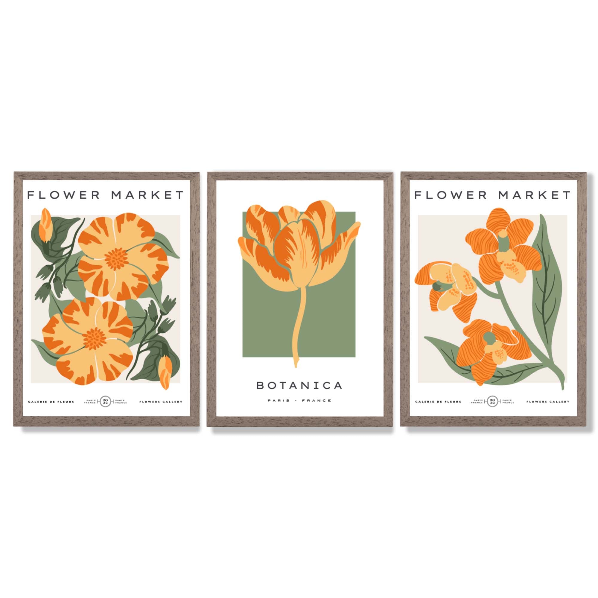 Set of 3 Green and Yellow Flower Market Tulip Framed Art Prints with Light Walnut Frames