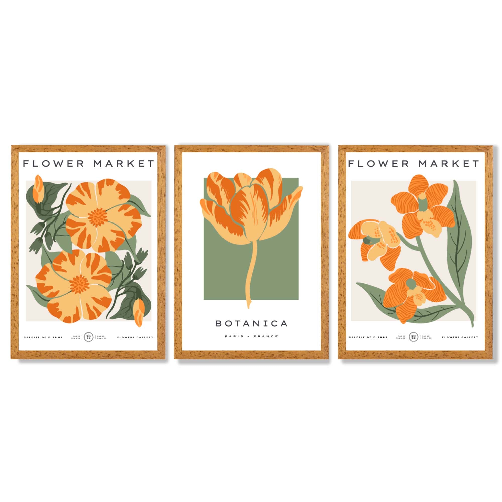 Set of 3 Green and Yellow Flower Market Tulip Framed Art Prints with Oak Wooden Frames