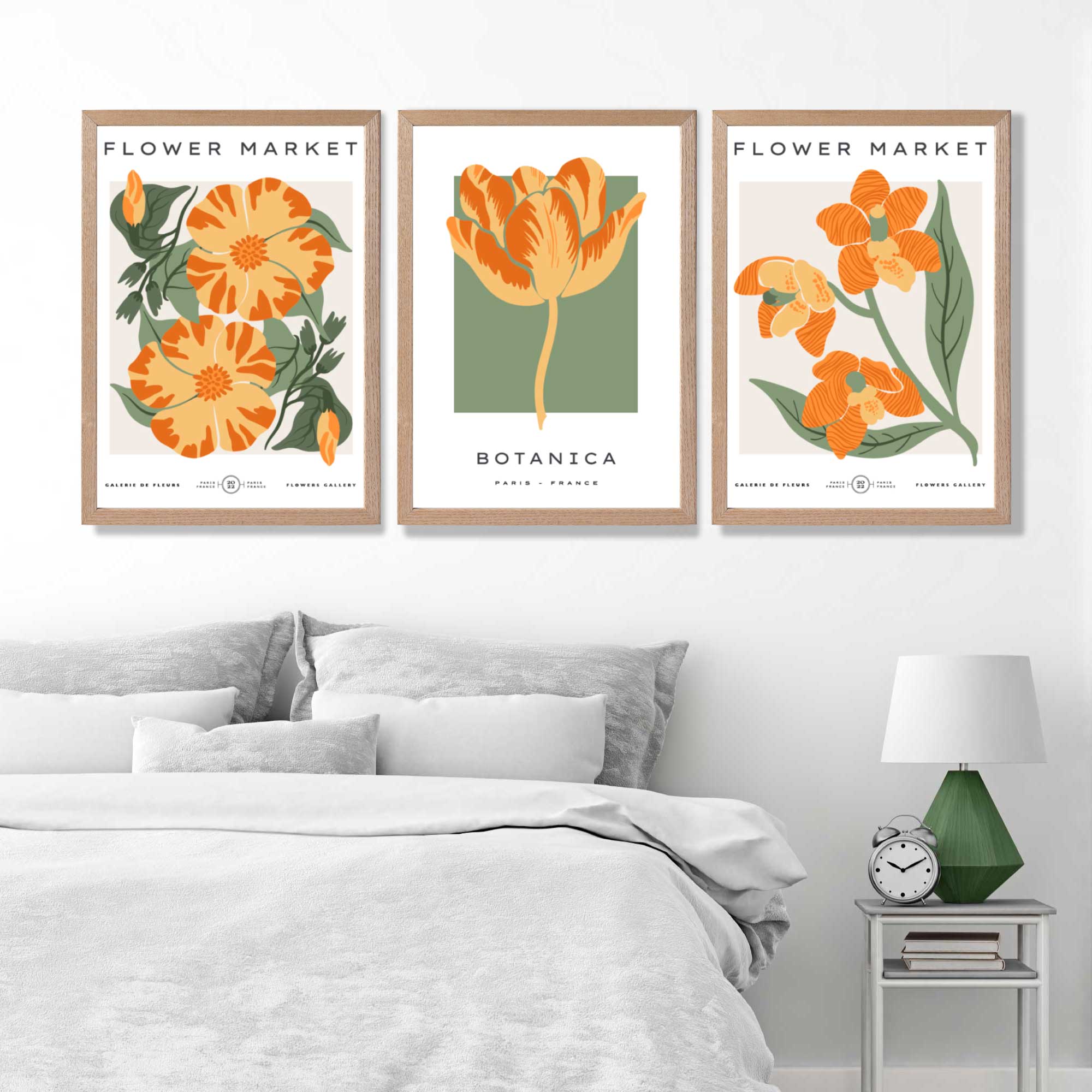 Set of 3 Green and Yellow Flower Market Tulip Art Prints in Oak Frames | Artze UK