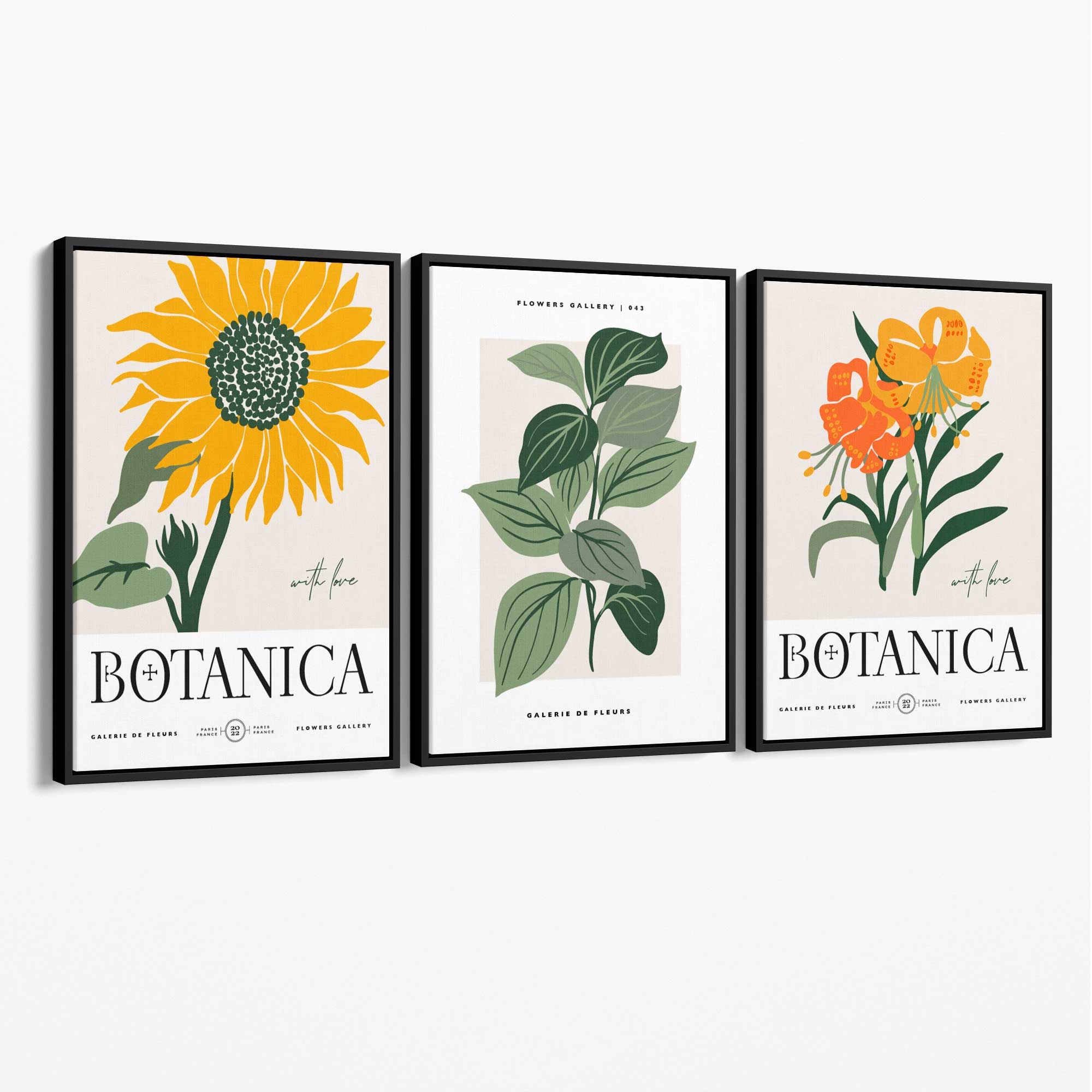 Set of 3 Green and Yellow Flower Market Sunflower Canvas Art Prints with Black Float Frame