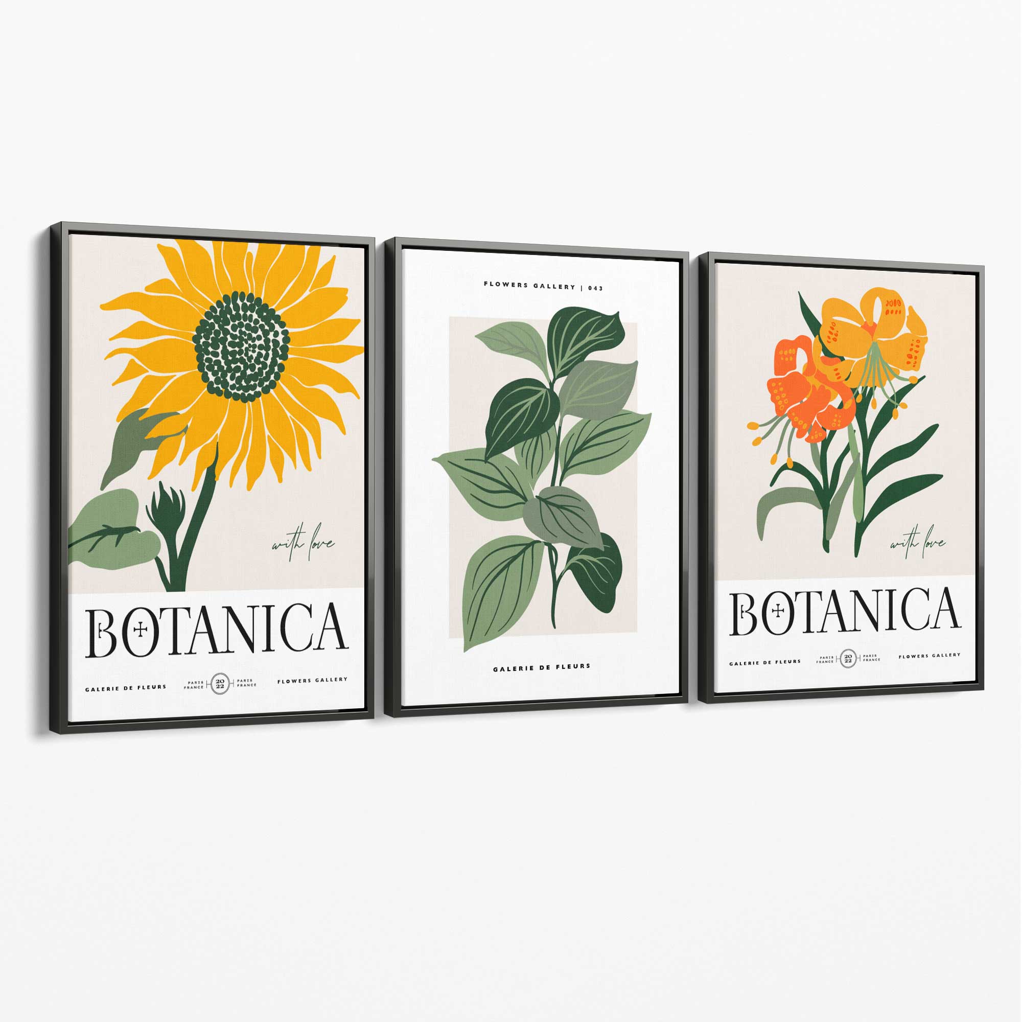 Set of 3 Green and Yellow Flower Market Sunflower Canvas Art Prints with Grey Float Frame