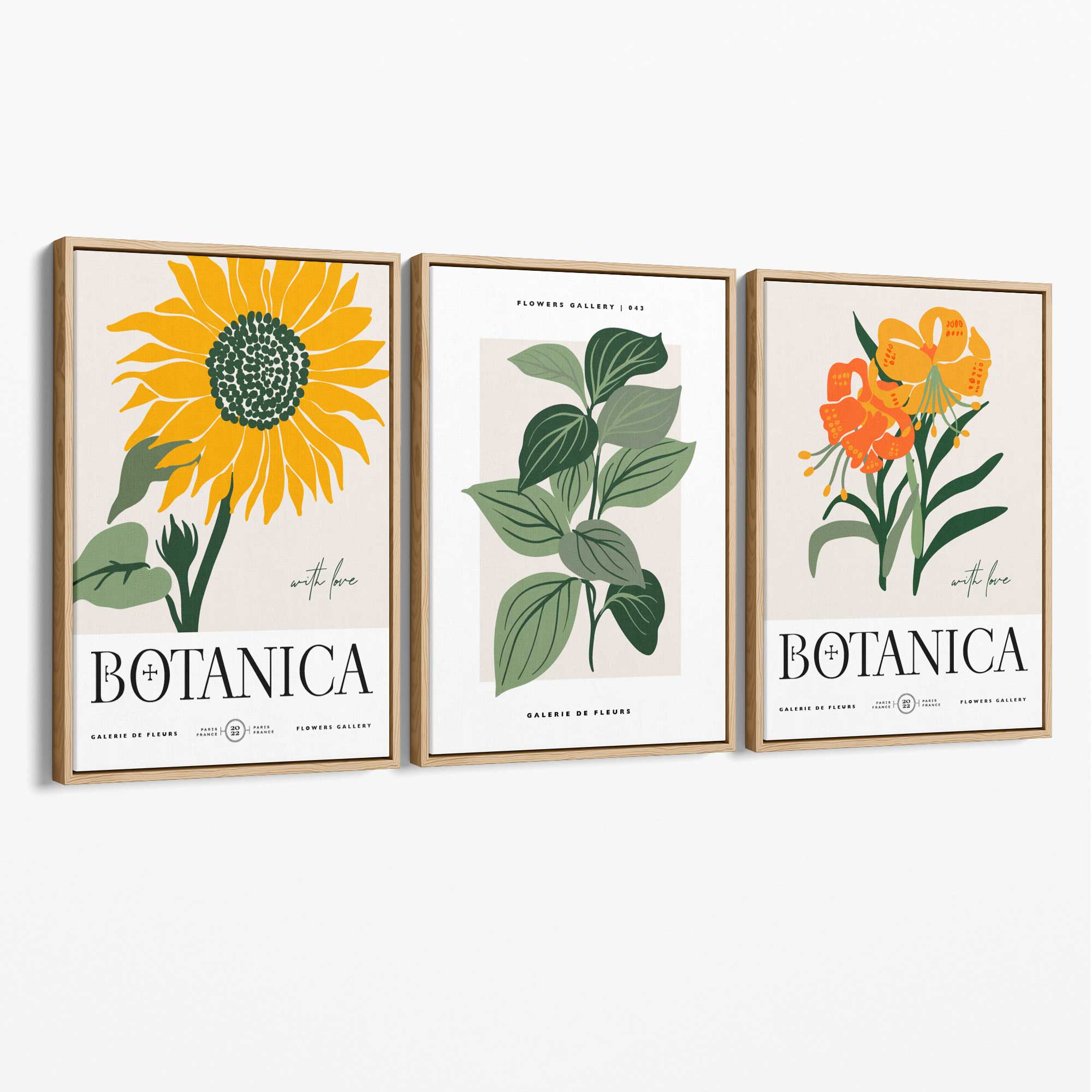 Set of 3 Green and Yellow Flower Market Sunflower Canvas Art Prints with Oak Float Frame