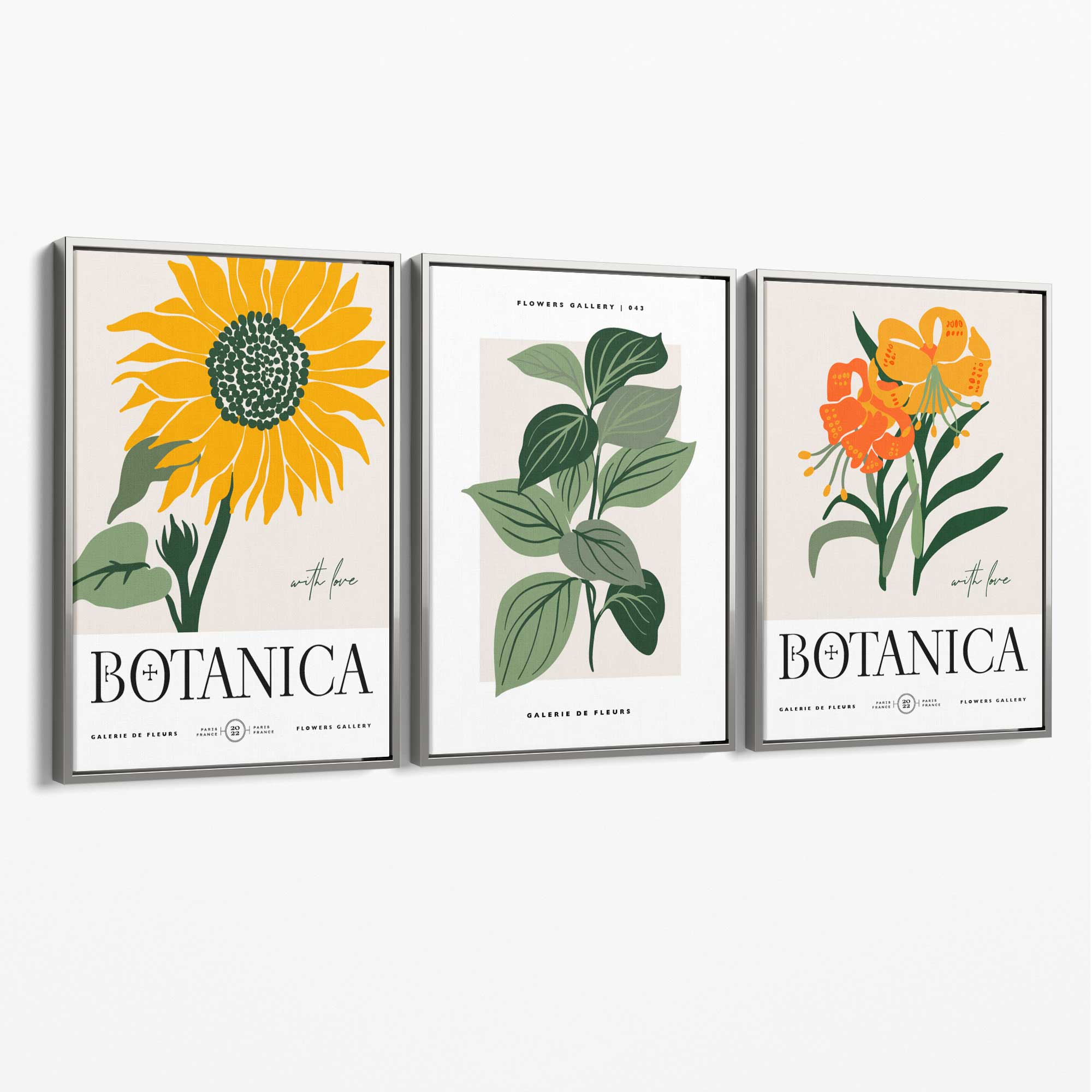 Set of 3 Green and Yellow Flower Market Sunflower Canvas Art Prints with Silver Float Frame