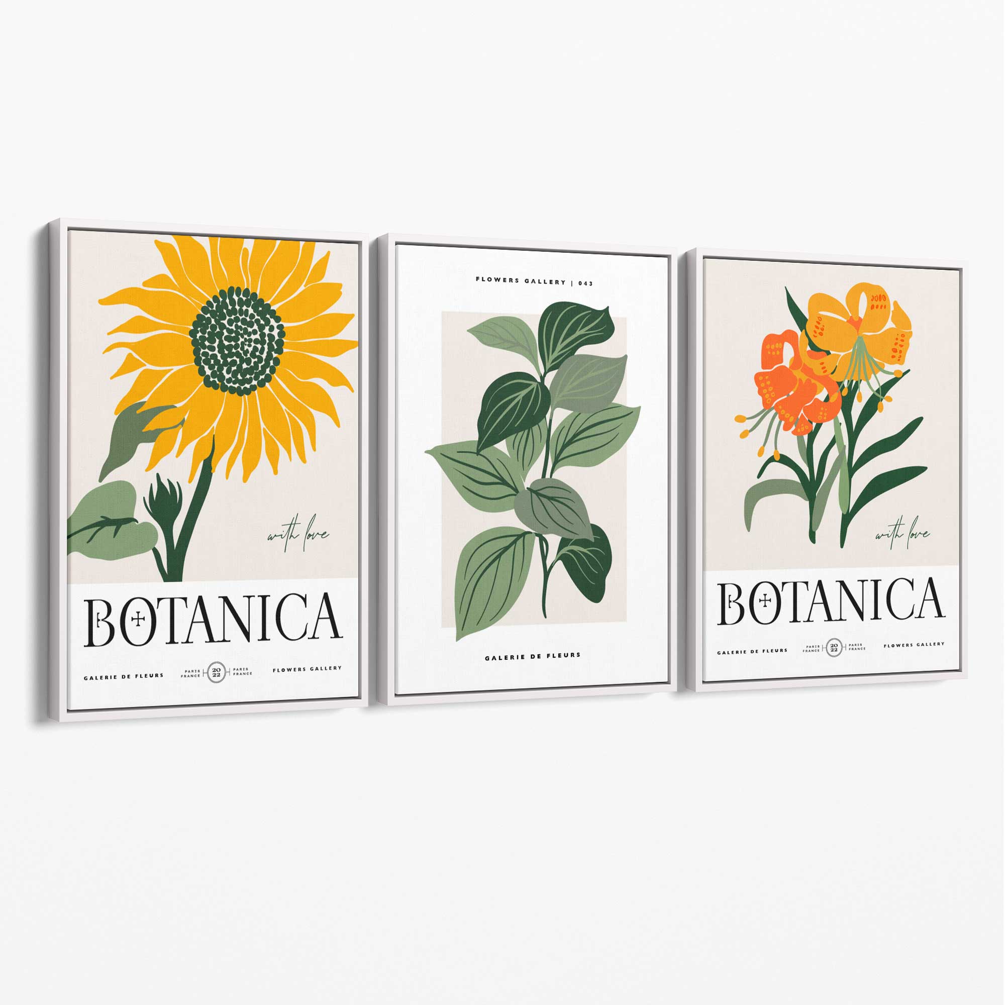 Set of 3 Green and Yellow Flower Market Sunflower Canvas Art Prints with White Float Frame