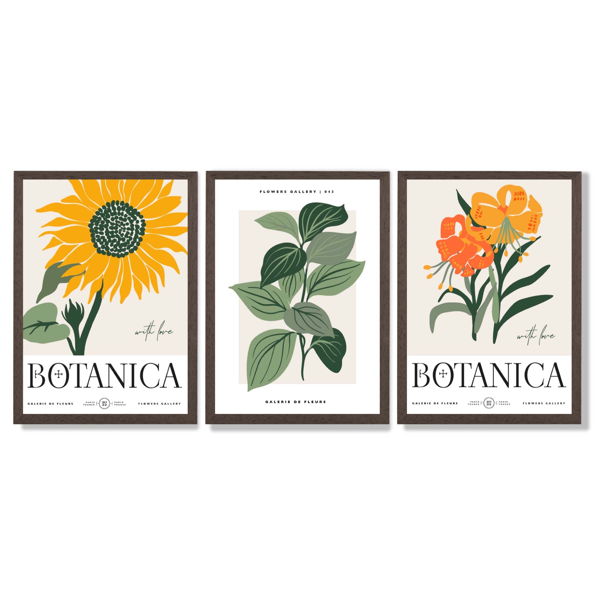 Set of 3 Green and Yellow Flower Market Sunflower Framed Art Prints with Dark Wood Frames