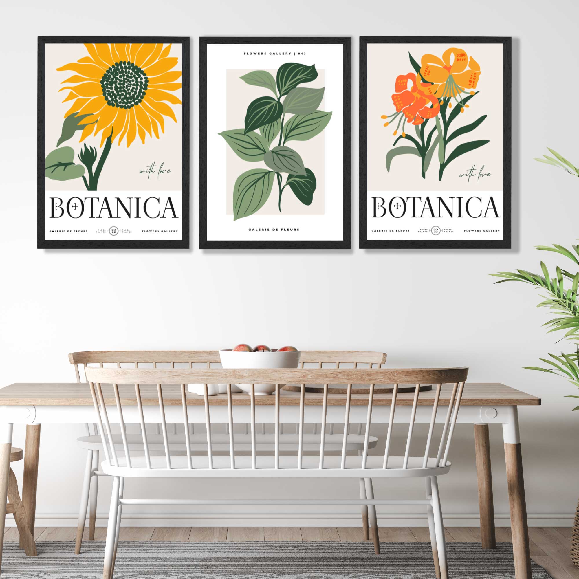 Set of 3 Green and Yellow Flower Market Sunflower Art Prints in Black Frames | Artze UK