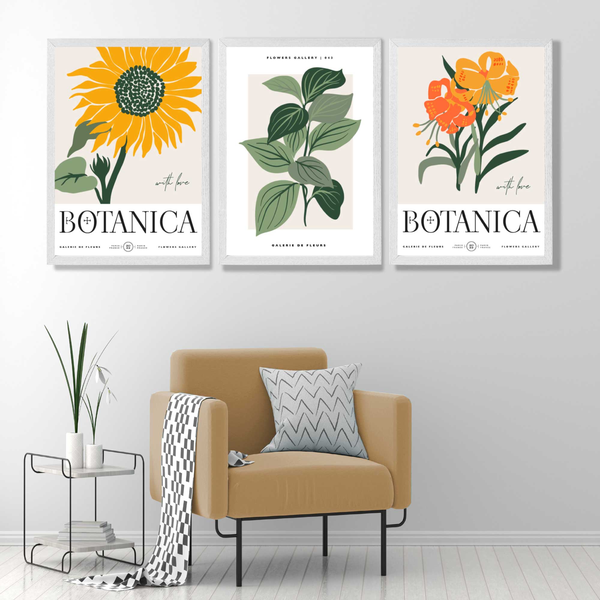 Set of 3 Green and Yellow Flower Market Sunflower Art Prints in White Frames | Artze UK