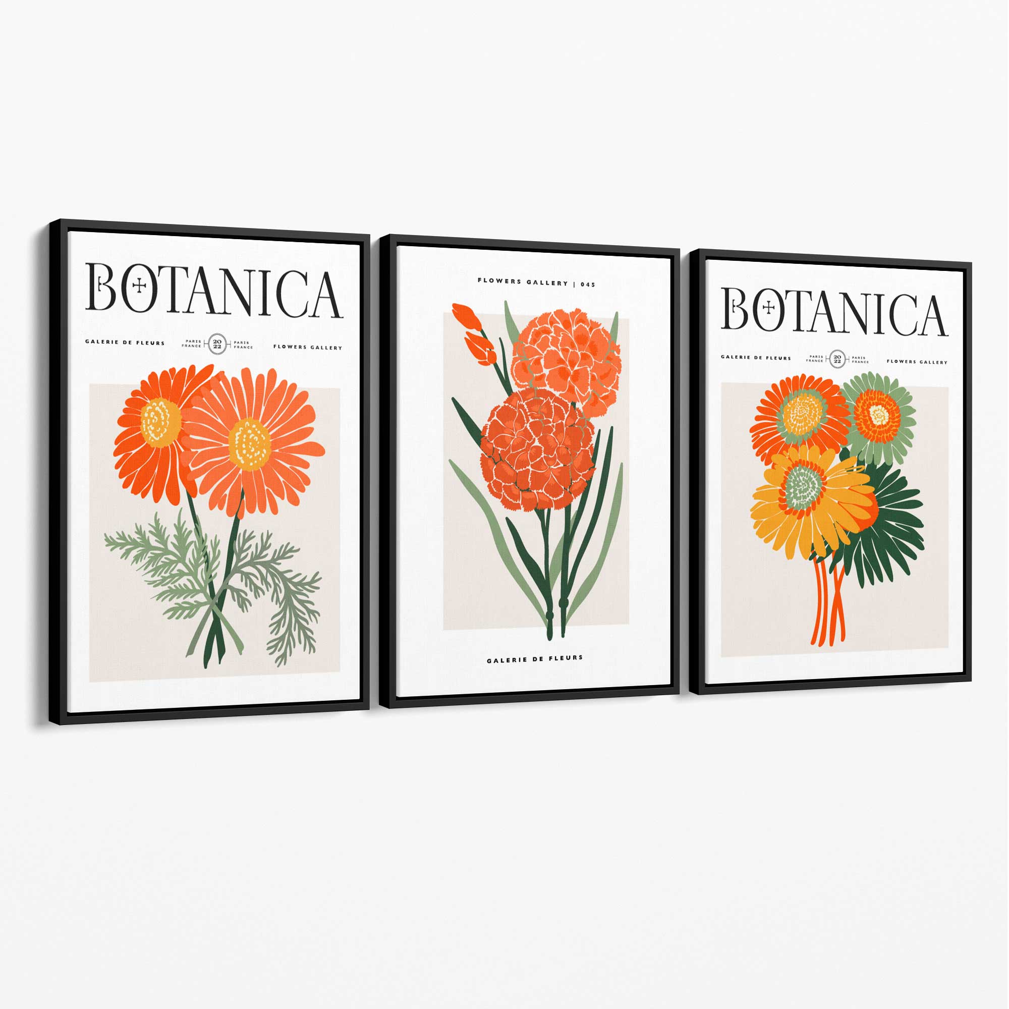 Set of 3 Green and Orange Flower Market Blooms Canvas Art Prints with Black Float Frame