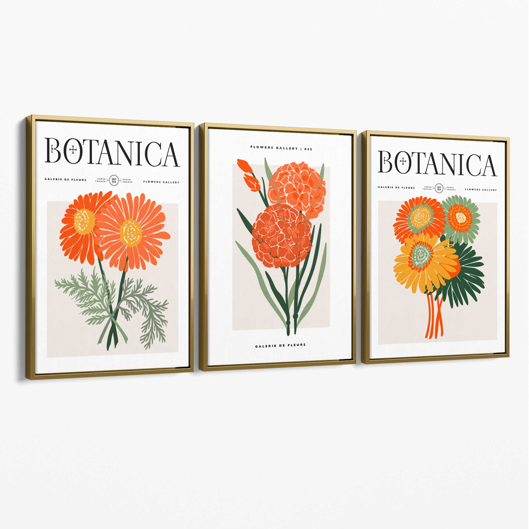 Set of 3 Green and Orange Flower Market Blooms Canvas Art Prints with Gold Float Frame