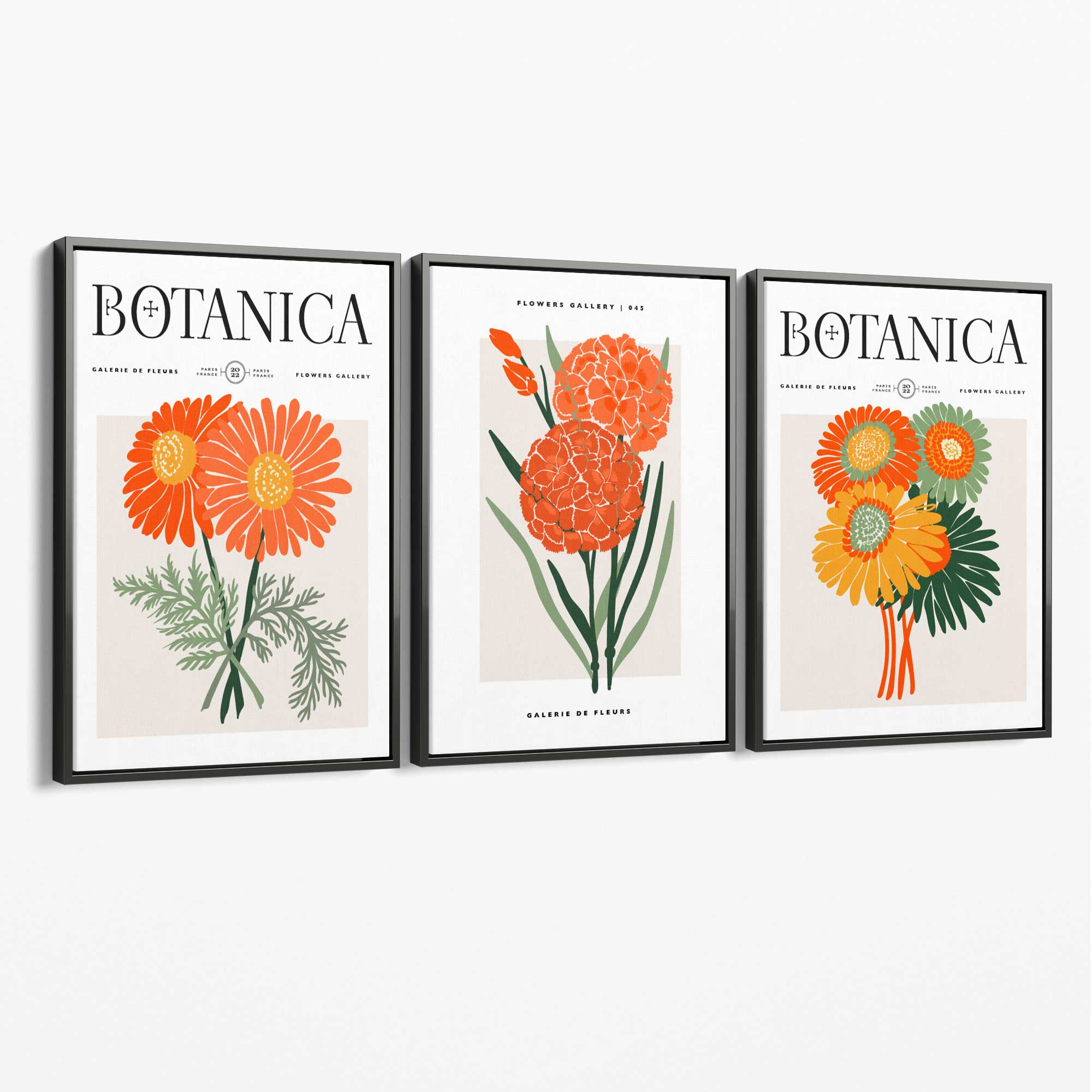 Set of 3 Green and Orange Flower Market Blooms Canvas Art Prints with Grey Float Frame