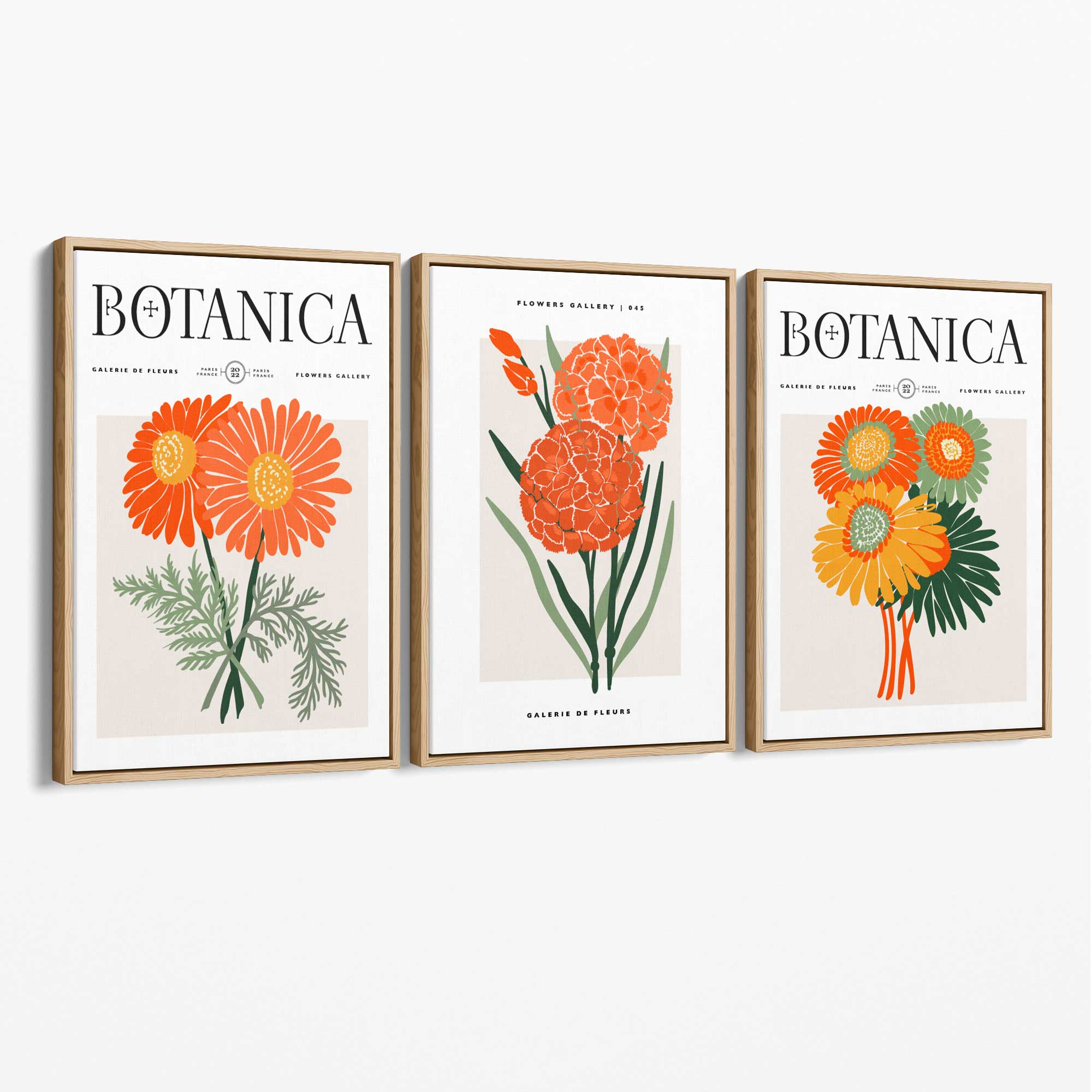 Set of 3 Green and Orange Flower Market Blooms Canvas Art Prints with Oak Float Frame
