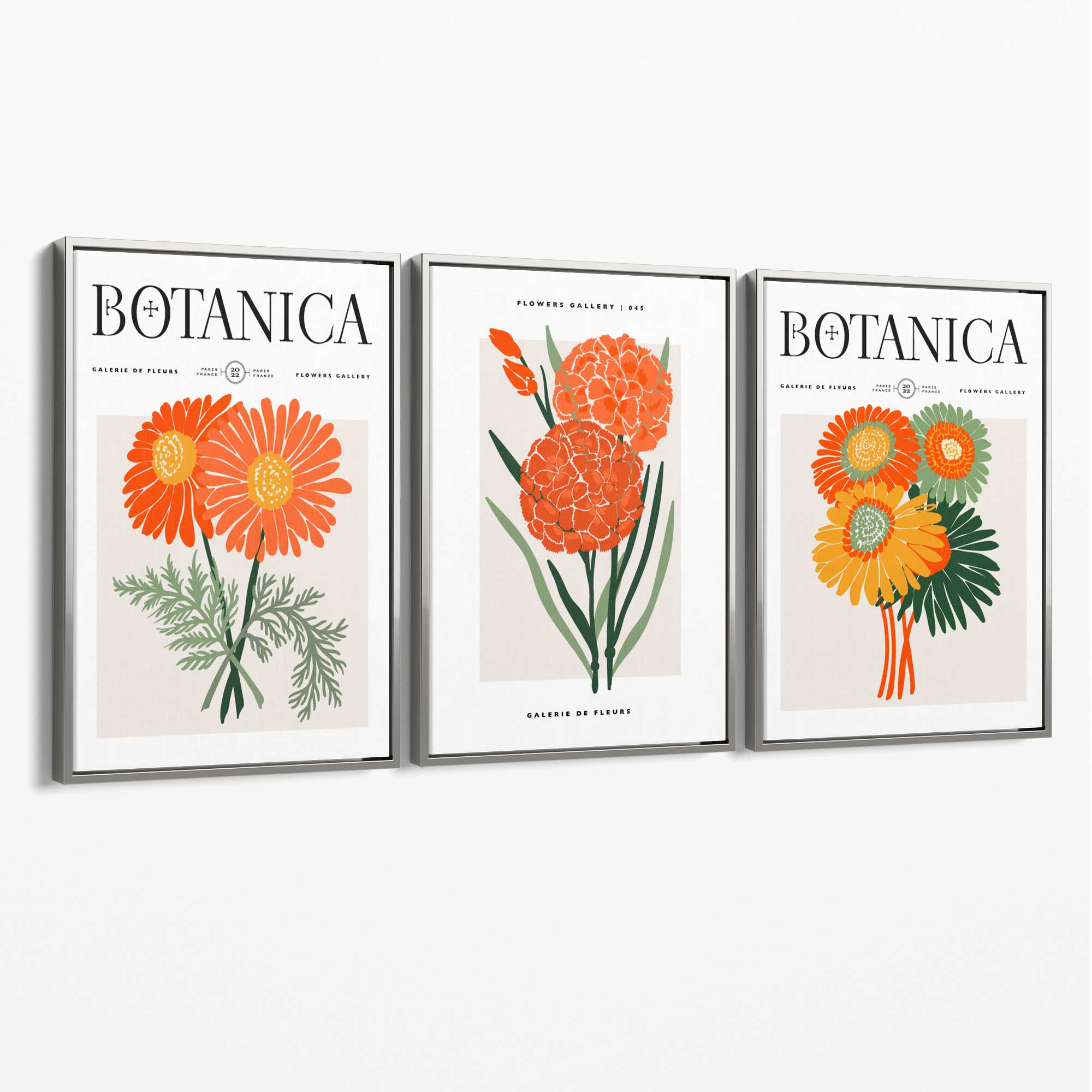 Set of 3 Green and Orange Flower Market Blooms Canvas Art Prints with Silver Float Frame