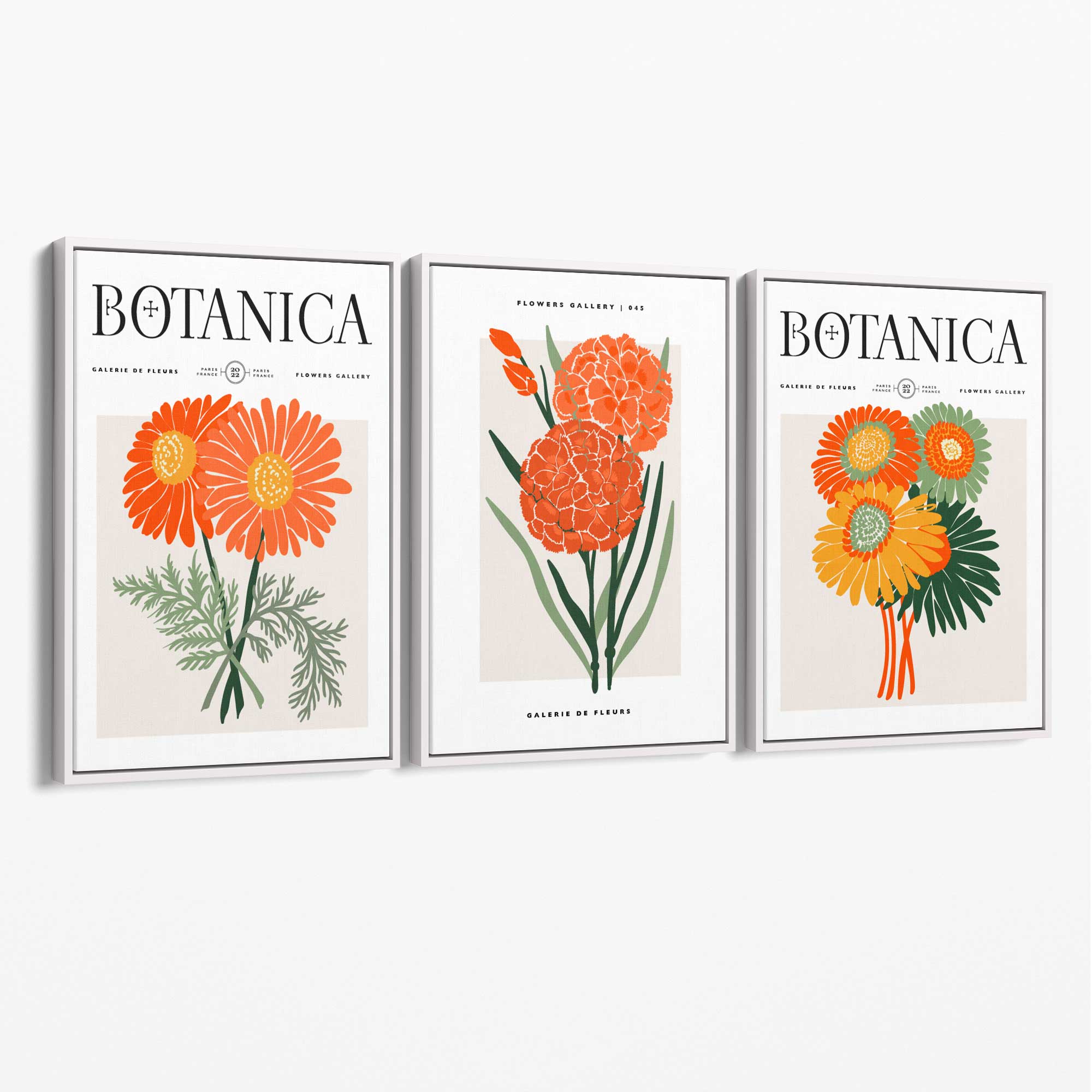 Set of 3 Green and Orange Flower Market Blooms Canvas Art Prints with White Float Frame