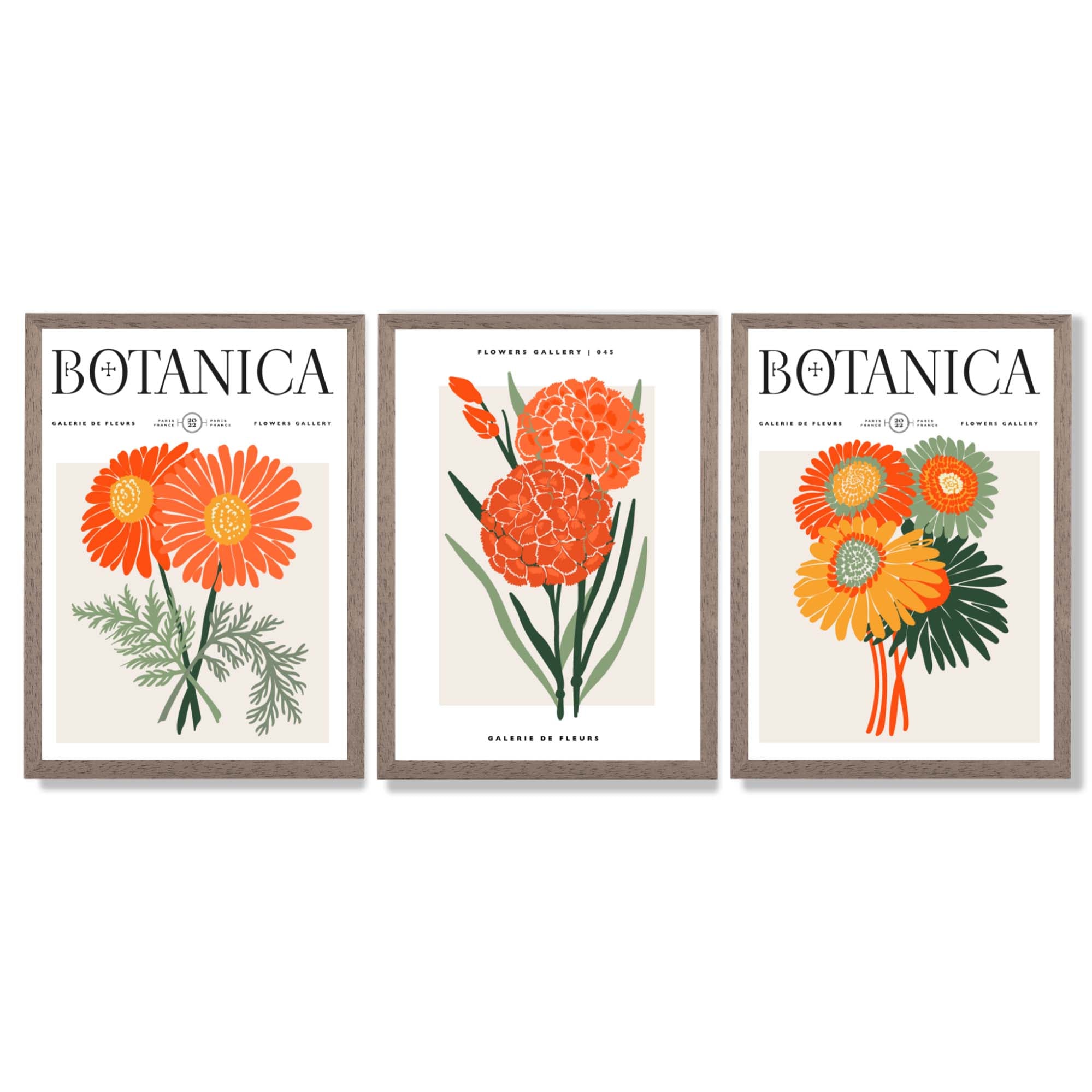 Set of 3 Green and Orange Flower Market Blooms Framed Art Prints with Light Walnut Frames