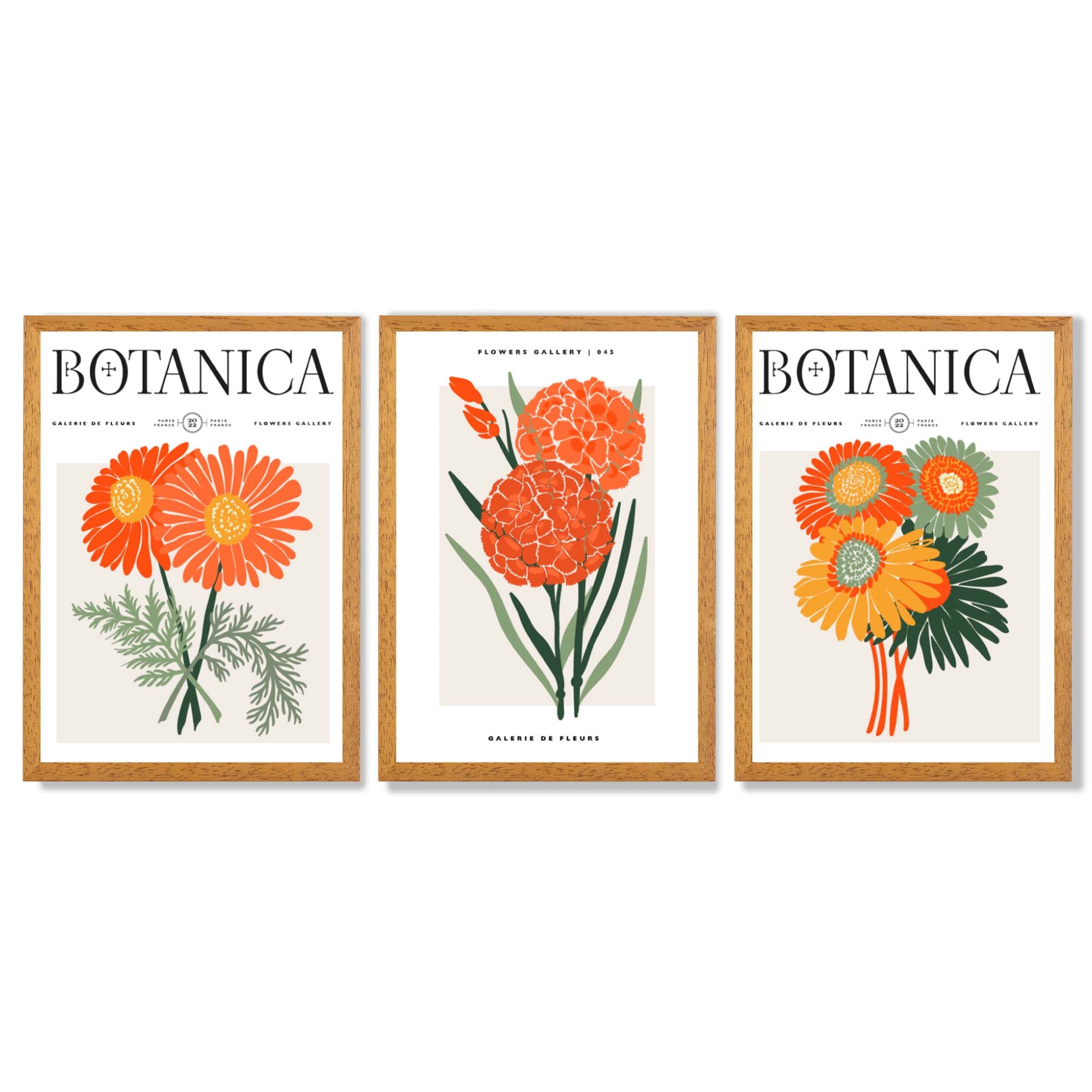Set of 3 Green and Orange Flower Market Blooms Framed Art Prints with Oak Wooden Frames