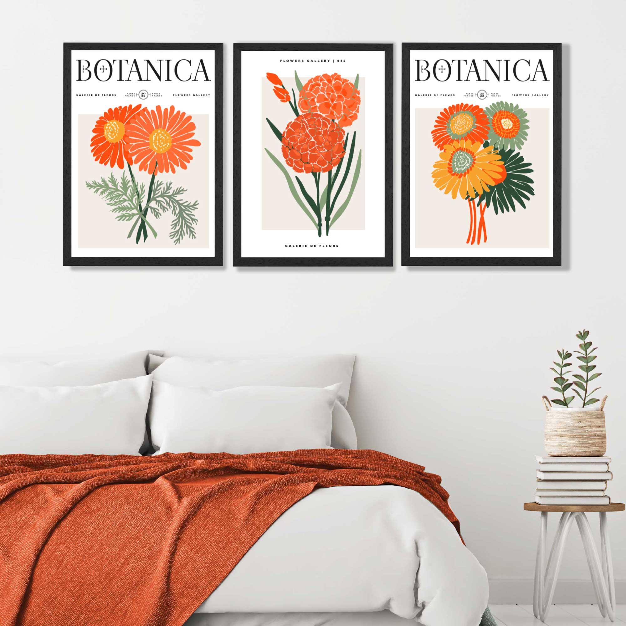 Set of 3 Green and Orange Flower Market Blooms Art Prints in Black Frames | Artze UK