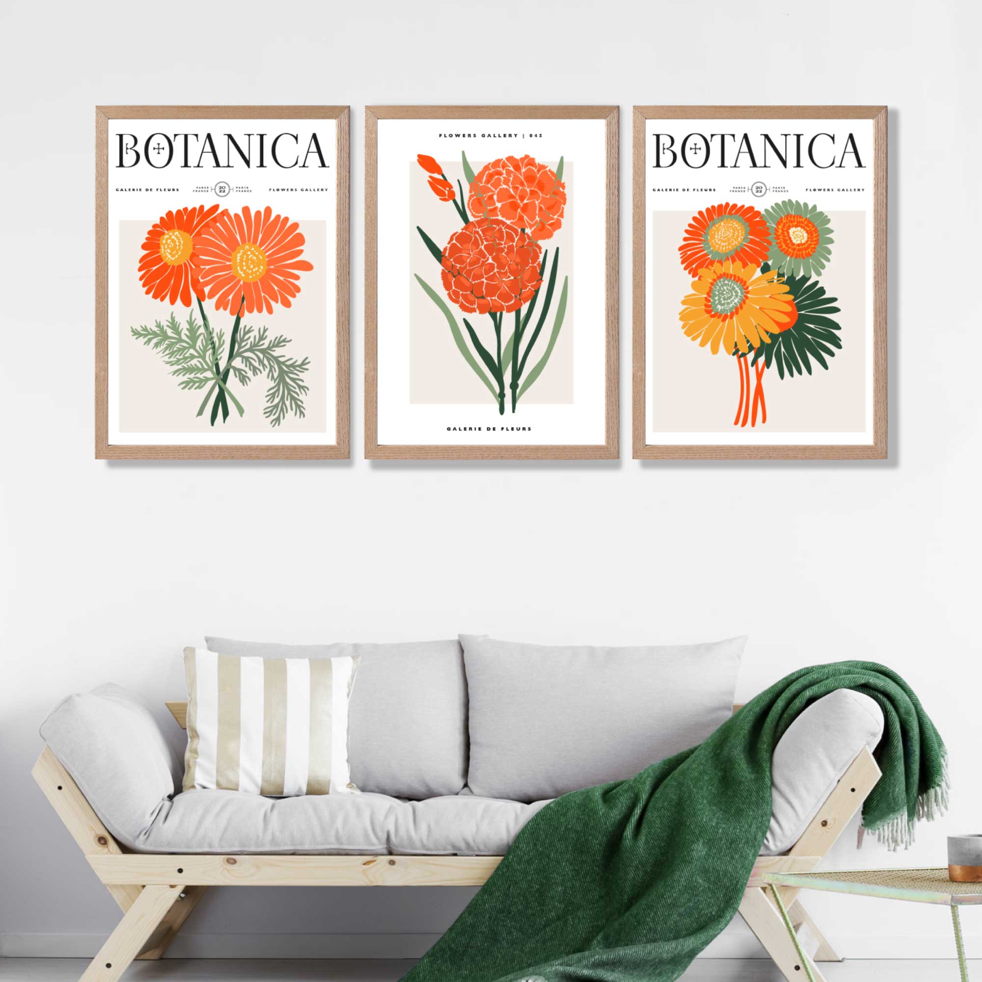 Set of 3 Green and Orange Flower Market Blooms Art Prints in Oak Frames | Artze UK