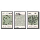 Set of 3 Set of 3 Picasso,Matisse and Yayoi Kusama Sage Green Framed Art Prints with Black Wooden Frames