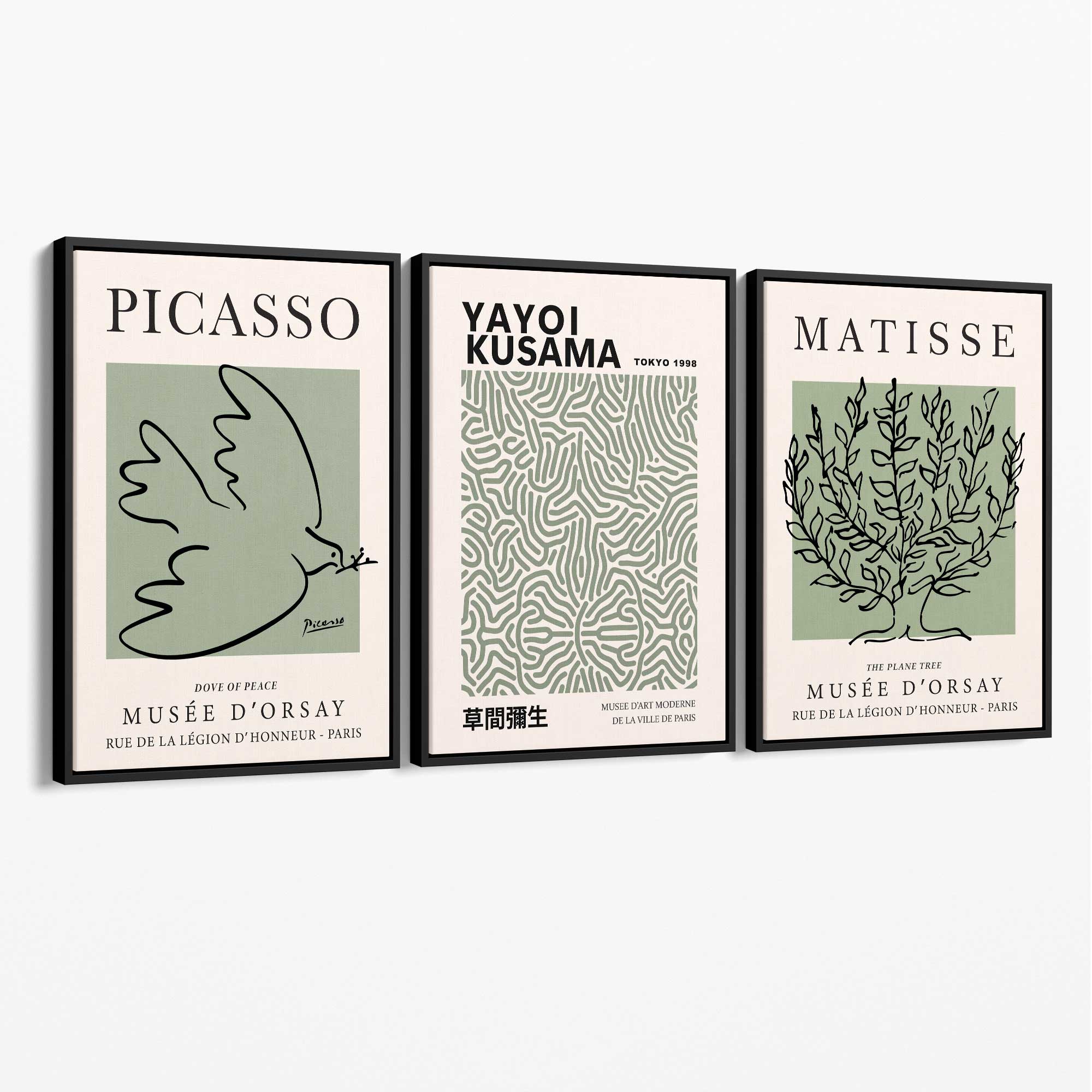 Set of 3 Set of 3 Picasso,Matisse and Yayoi Kusama Sage Green Canvas Art Prints with Black Float Frame