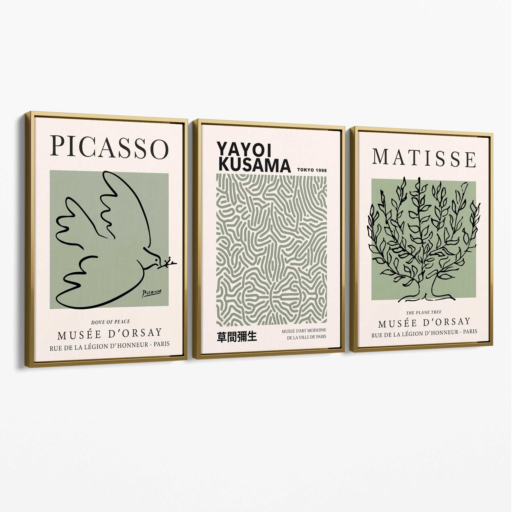 Set of 3 Set of 3 Picasso,Matisse and Yayoi Kusama Sage Green Canvas Art Prints with Gold Float Frame