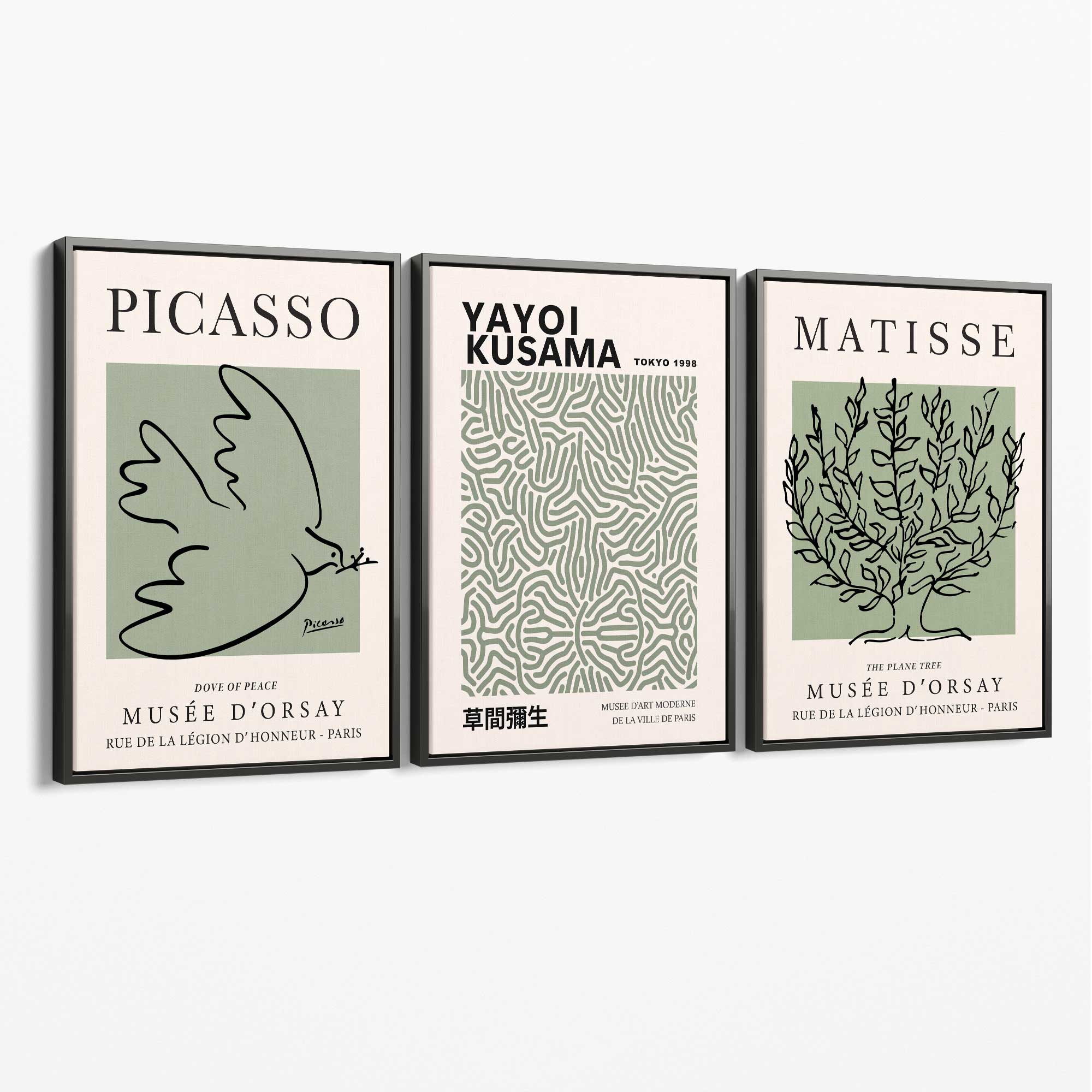 Set of 3 Set of 3 Picasso,Matisse and Yayoi Kusama Sage Green Canvas Art Prints with Grey Float Frame