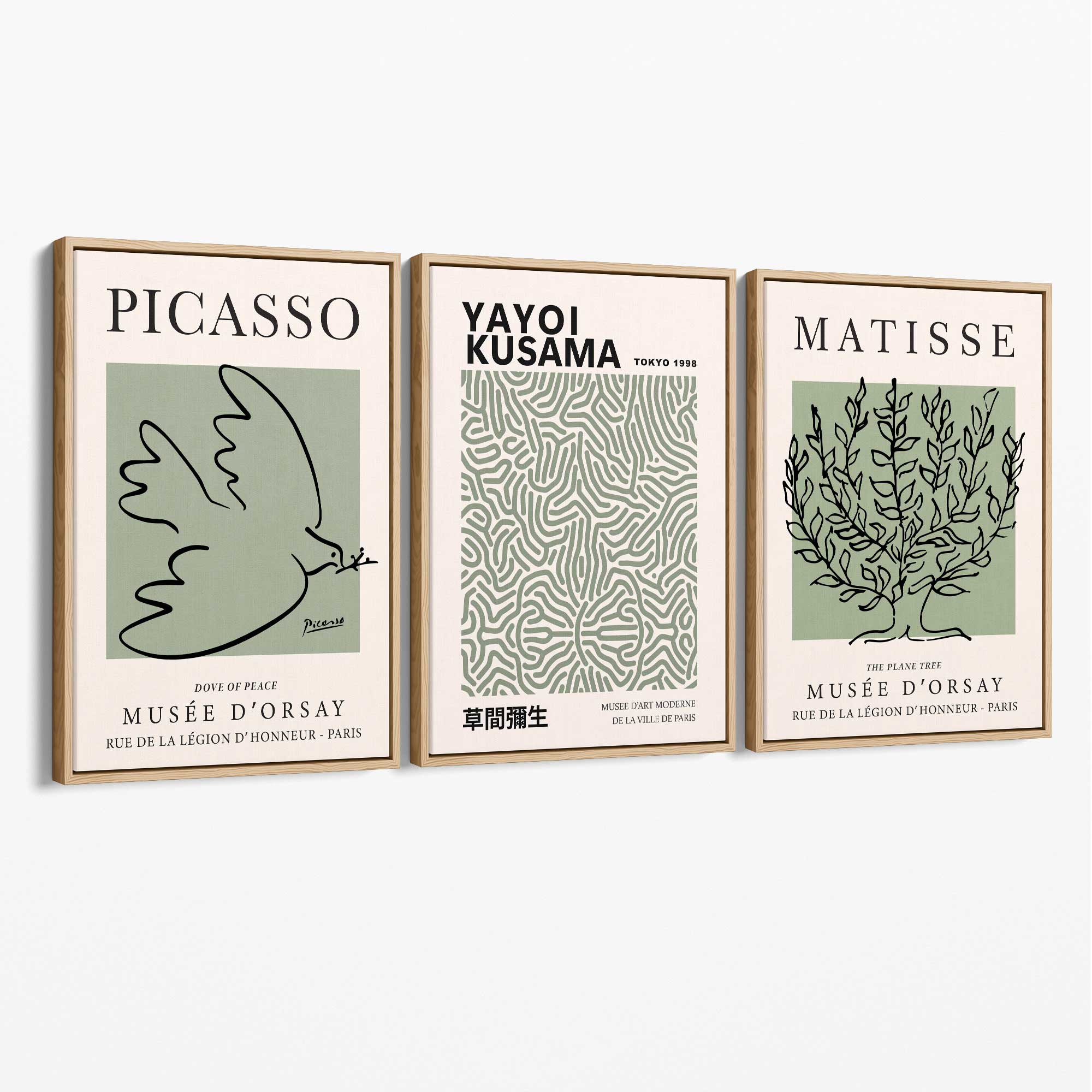 Set of 3 Set of 3 Picasso,Matisse and Yayoi Kusama Sage Green Canvas Art Prints with Oak Float Frame