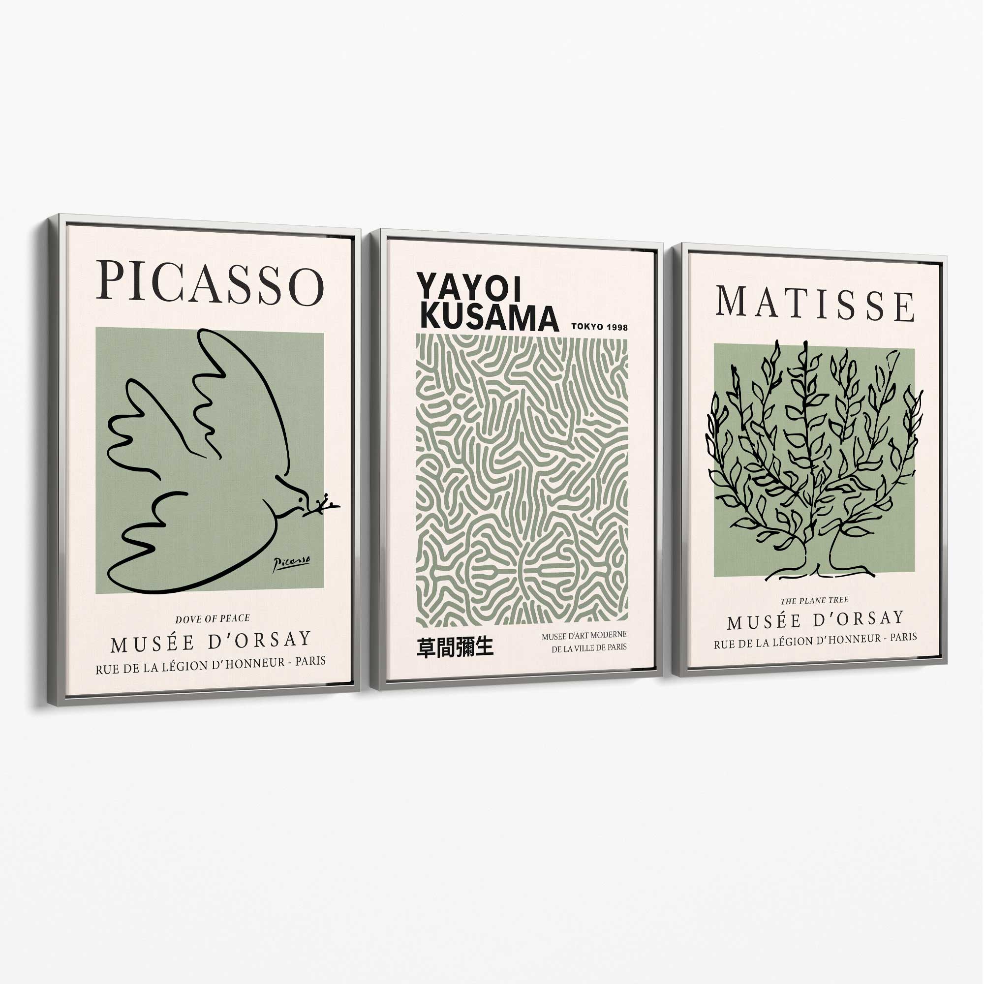 Set of 3 Set of 3 Picasso,Matisse and Yayoi Kusama Sage Green Canvas Art Prints with Silver Float Frame