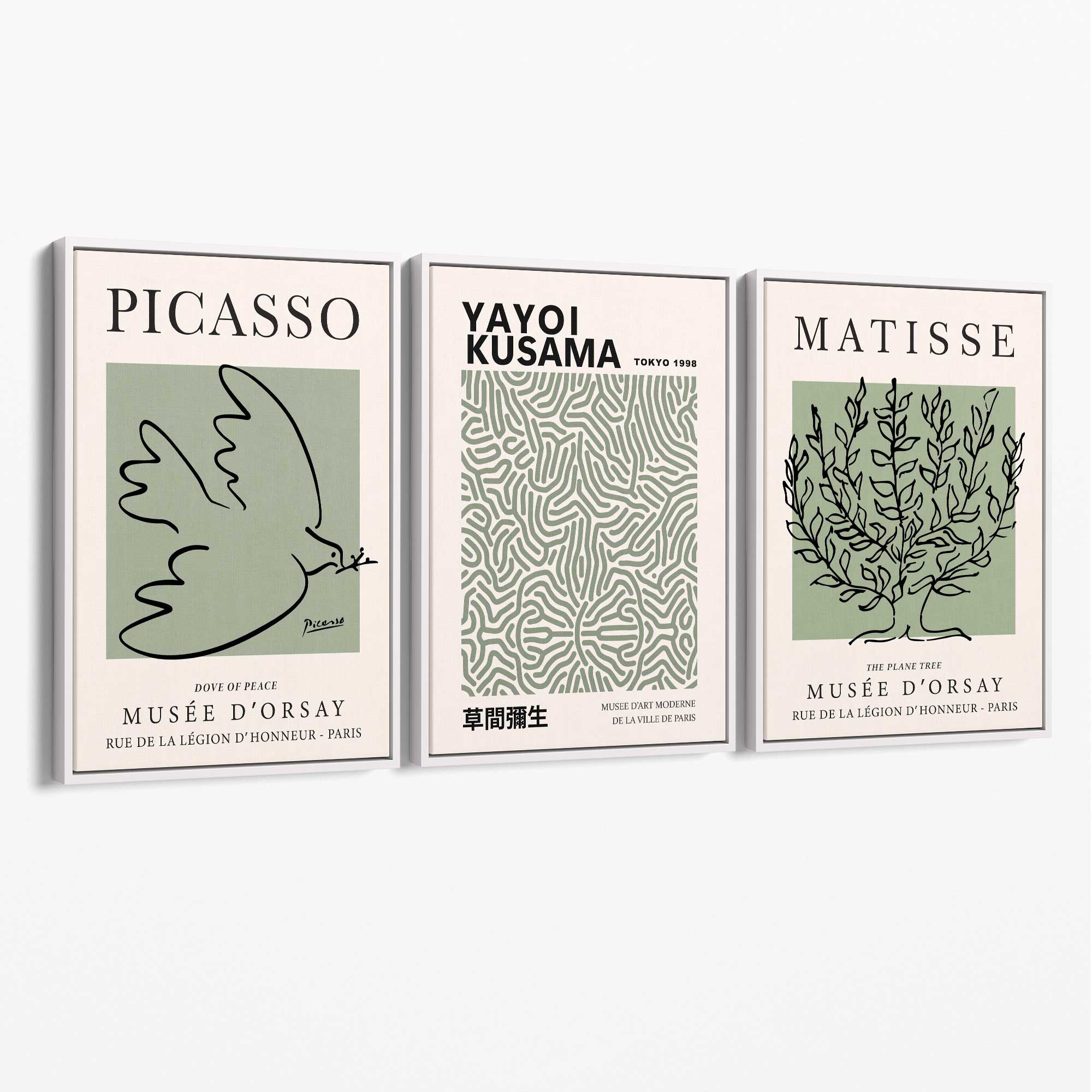Set of 3 Set of 3 Picasso,Matisse and Yayoi Kusama Sage Green Canvas Art Prints with White Float Frame
