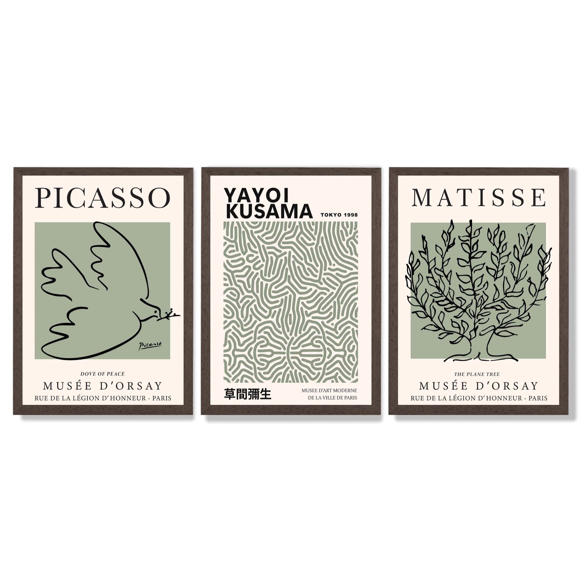 Set of 3 Set of 3 Picasso,Matisse and Yayoi Kusama Sage Green Framed Art Prints with Dark Wood Frames