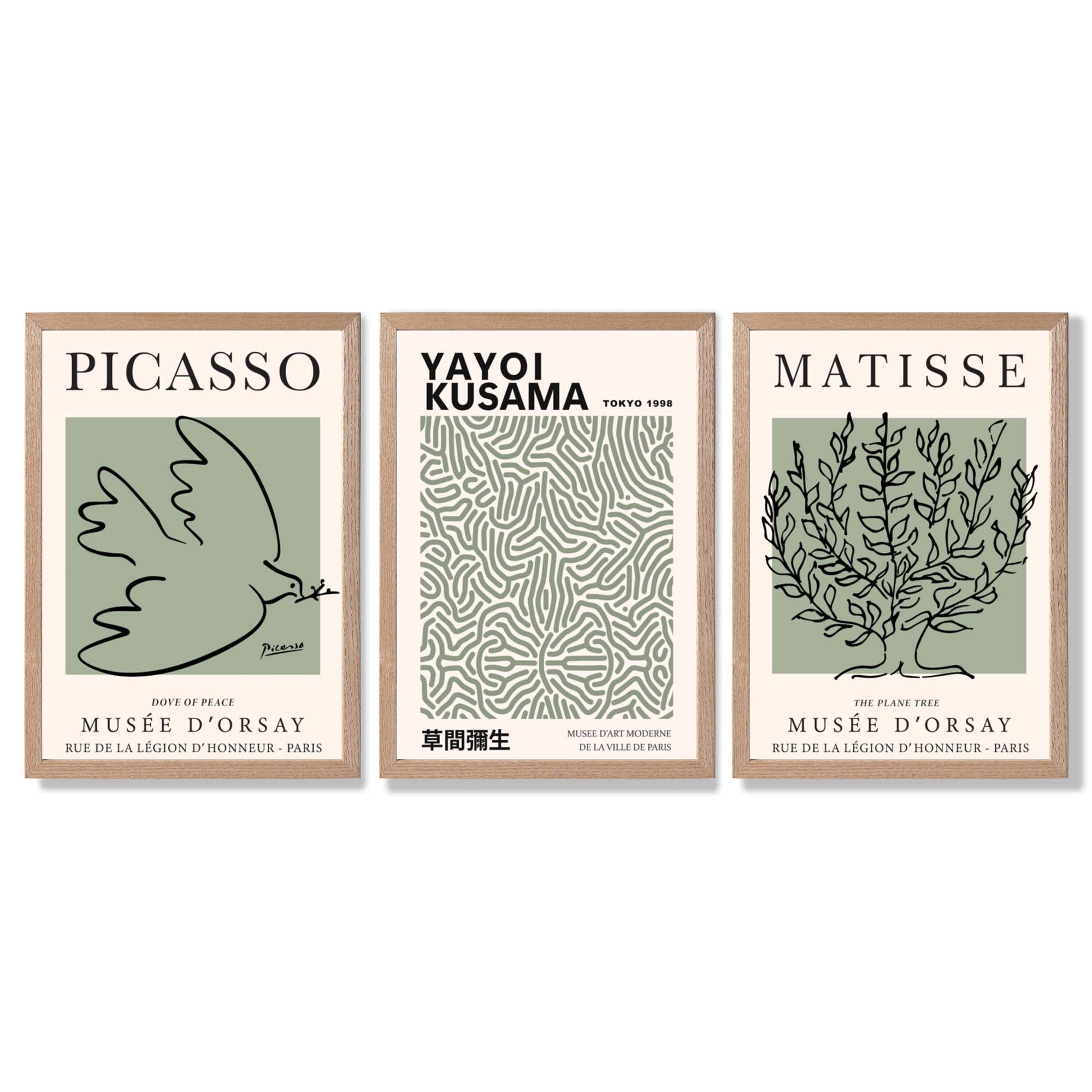 Set of 3 Set of 3 Picasso,Matisse and Yayoi Kusama Sage Green Framed Art Prints with Light Oak Frames