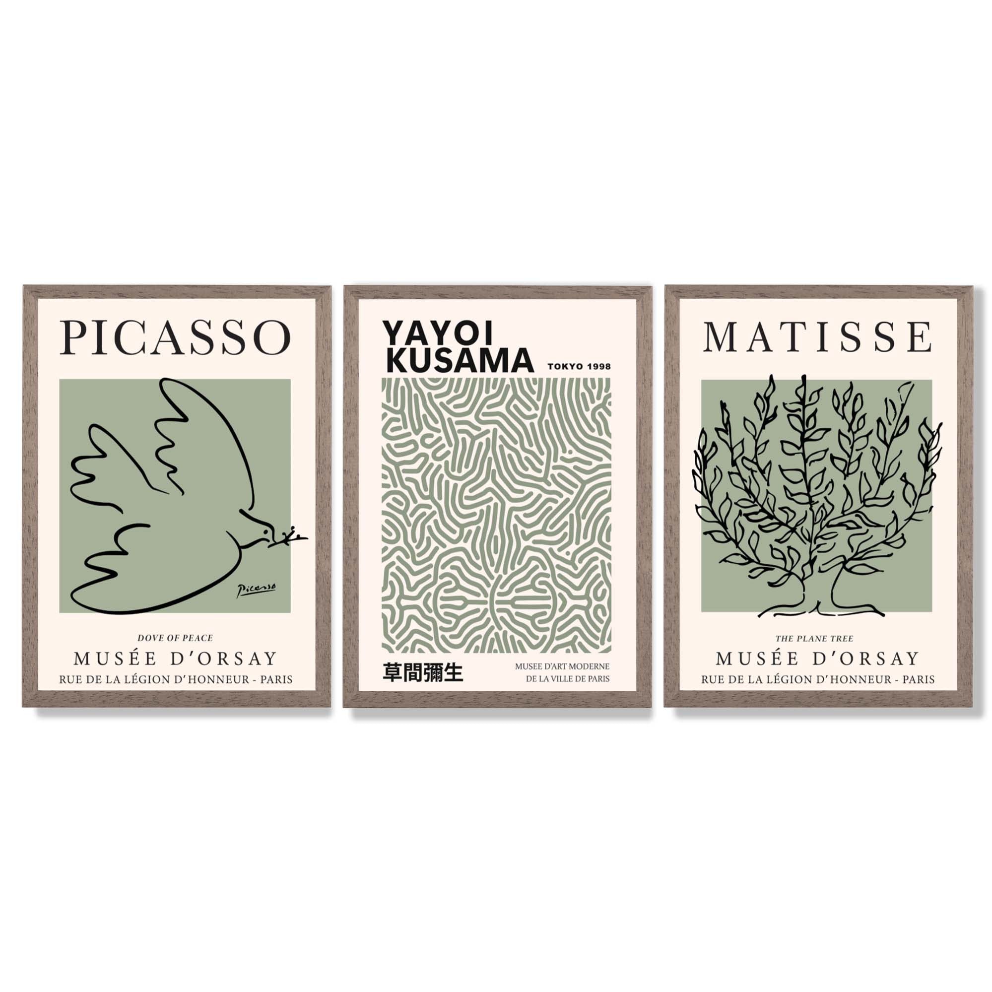 Set of 3 Set of 3 Picasso,Matisse and Yayoi Kusama Sage Green Framed Art Prints with Light Walnut Frames